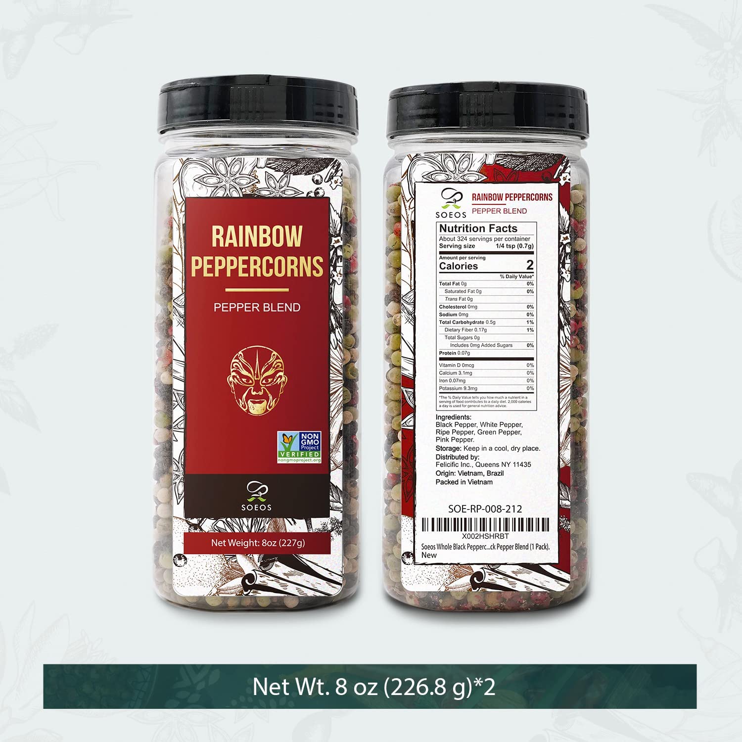 Soeos Rainbow Peppercorns 16oz (Pack of 2) | Non-GMO, Kosher Certified | Whole Peppercorns for Grinder Refill | Freshly Packed for Long-Lasting Flavor | Perfect for Cooking, Seasoning & Gourmet Dishes