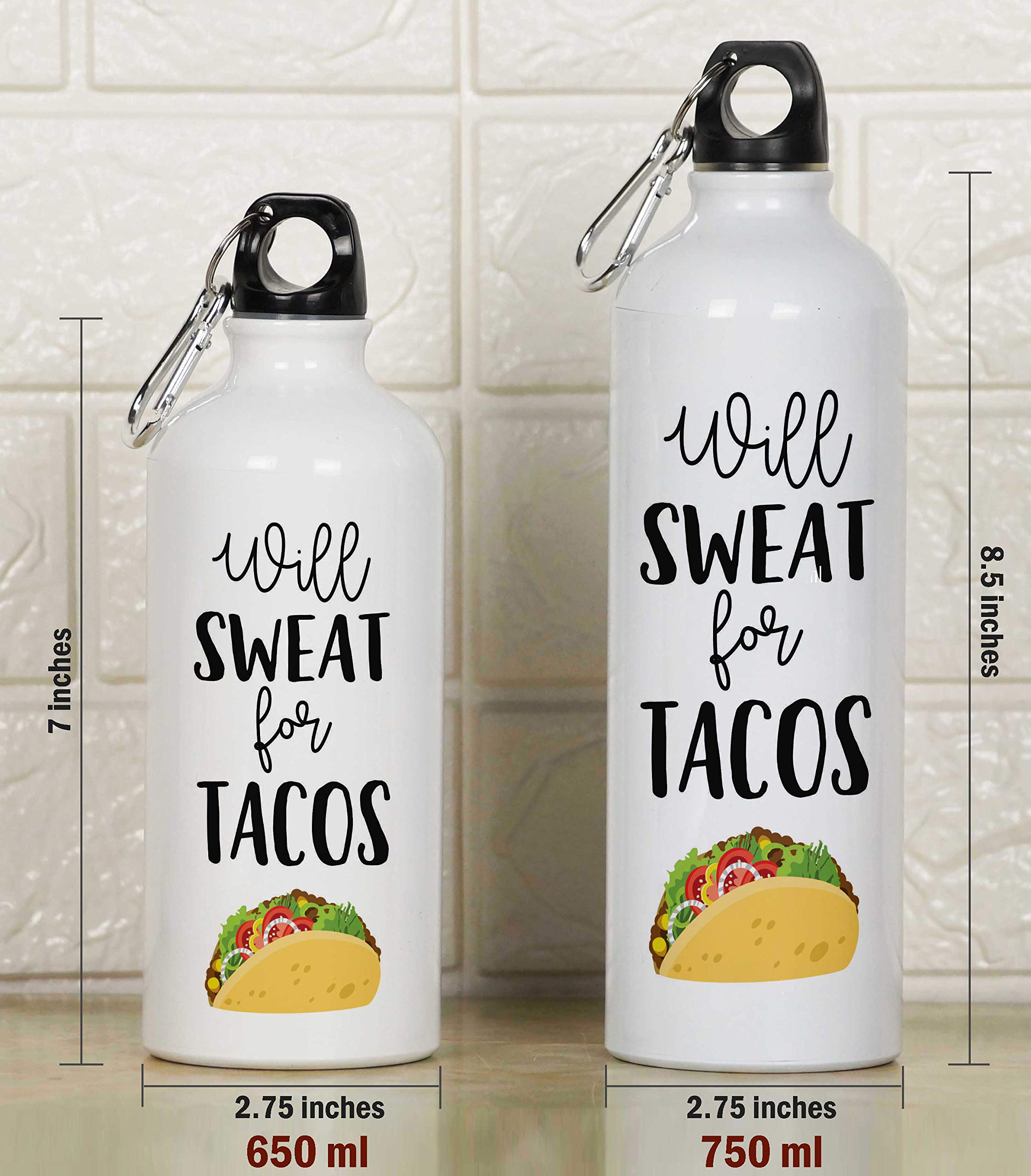 Printtoo 'Will Sweat for Tacos' Aluminum Sports Water Bottle with Carabiner Clip - 750ml/25.3oz - Perfect for Gym, Hiking & Outdoor Adventures