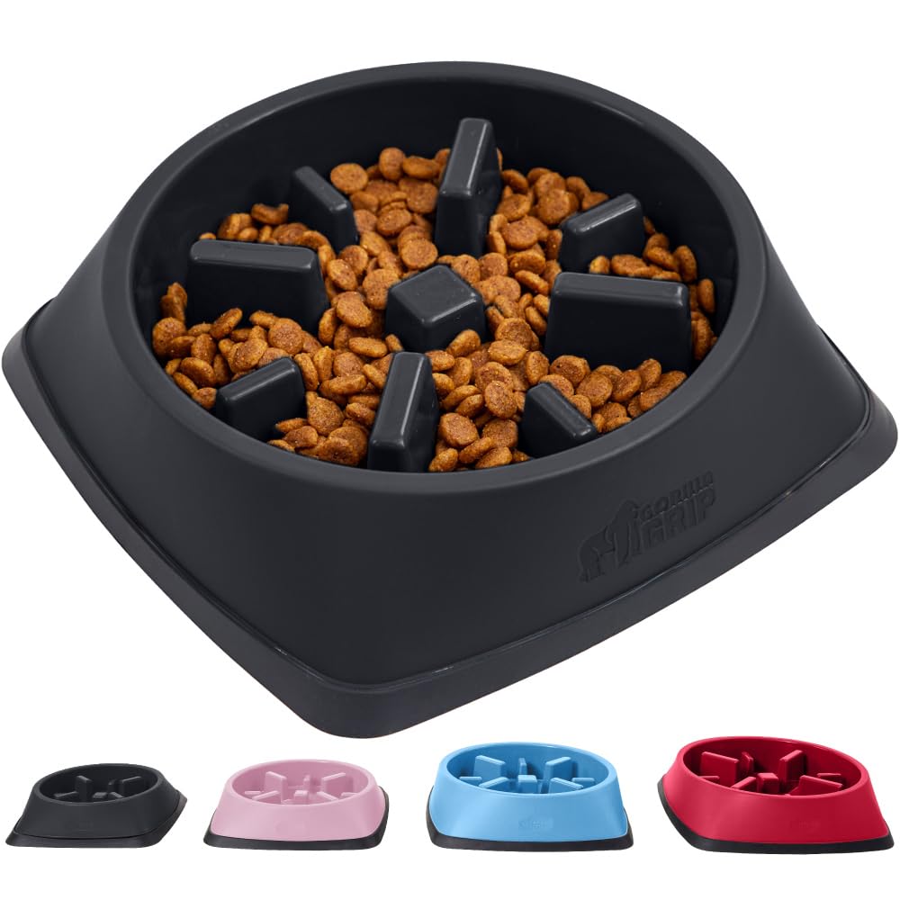 GORILLA GRIP Slow Feeder Dog and Cat Bowls - Interactive Puzzle Toy for Pet Food Training - Prevents Overeating in Puppies & Small/Large Breeds - 100% BPA Free - 4 Cup Capacity - Black - Perfect for Mealtime Enrichment & Pet Anxiety Relief