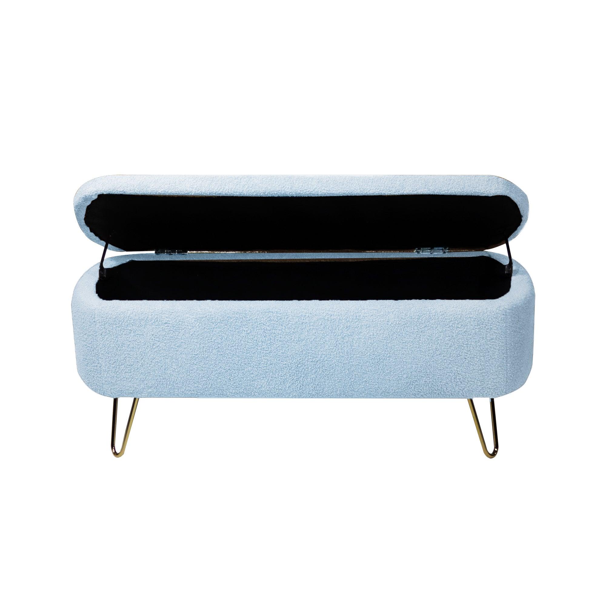 Modern Blue Storage Ottoman Bench with Gold Legs & Grey Faux Fur Upholstery - Padded Seat with Hidden Storage for Bedroom, Living Room & Entryway | Perfect for Extra Seating, Footrest & Home Organization