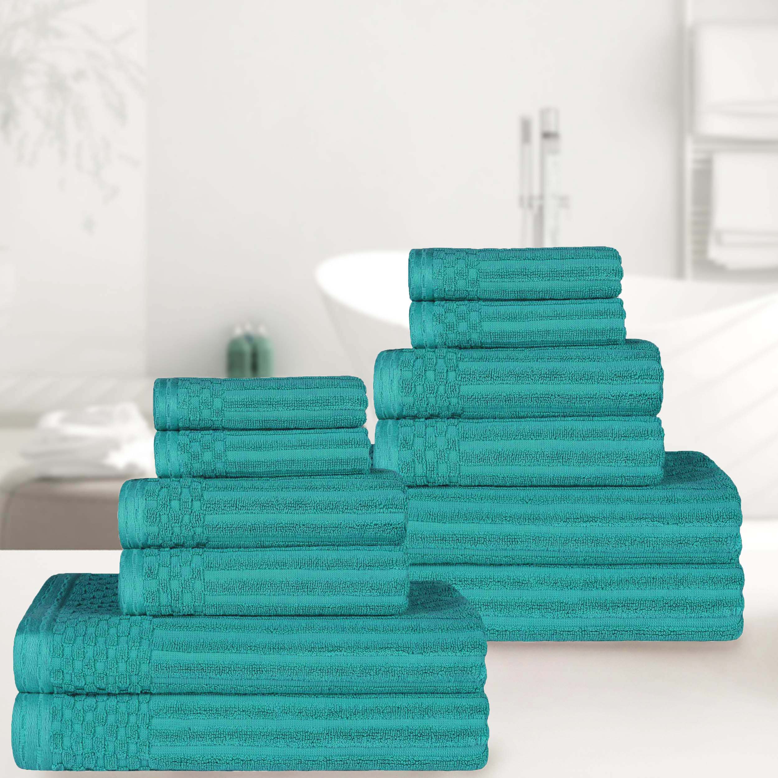 Premium 12-Piece Ribbed Textured Cotton Towel Set - Medium Weight Bath & Hand Towels for Spa, Guest Bathroom & Luxury Home Decor