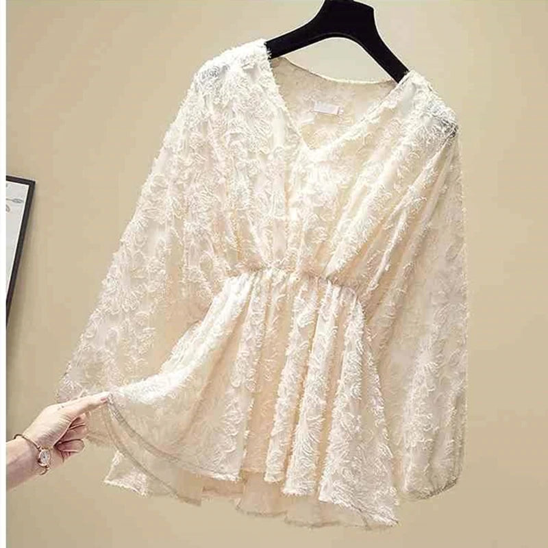 Elegant Lantern V-Neck Elastic Waist Top & Flocking Sleeve Blouse with Ankle-Length Pants - Women's Autumn Winter Two-Piece Set for Office, Party & Holiday Outfits
