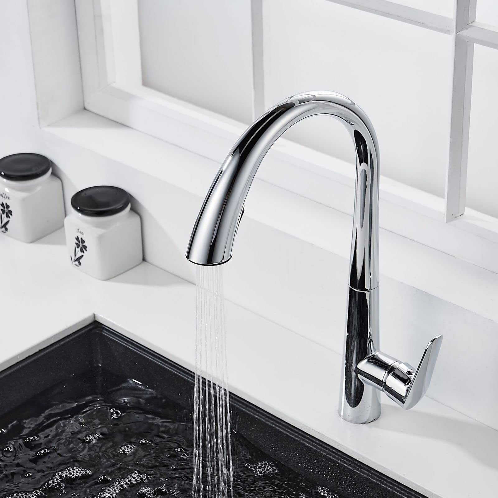 High Arc Pull Down Kitchen Faucet with Sprayer - Dual Function Brass Commercial Sink Faucet - Chrome Single Handle Single Hole Design - Perfect for Modern Kitchens & Restaurant Use