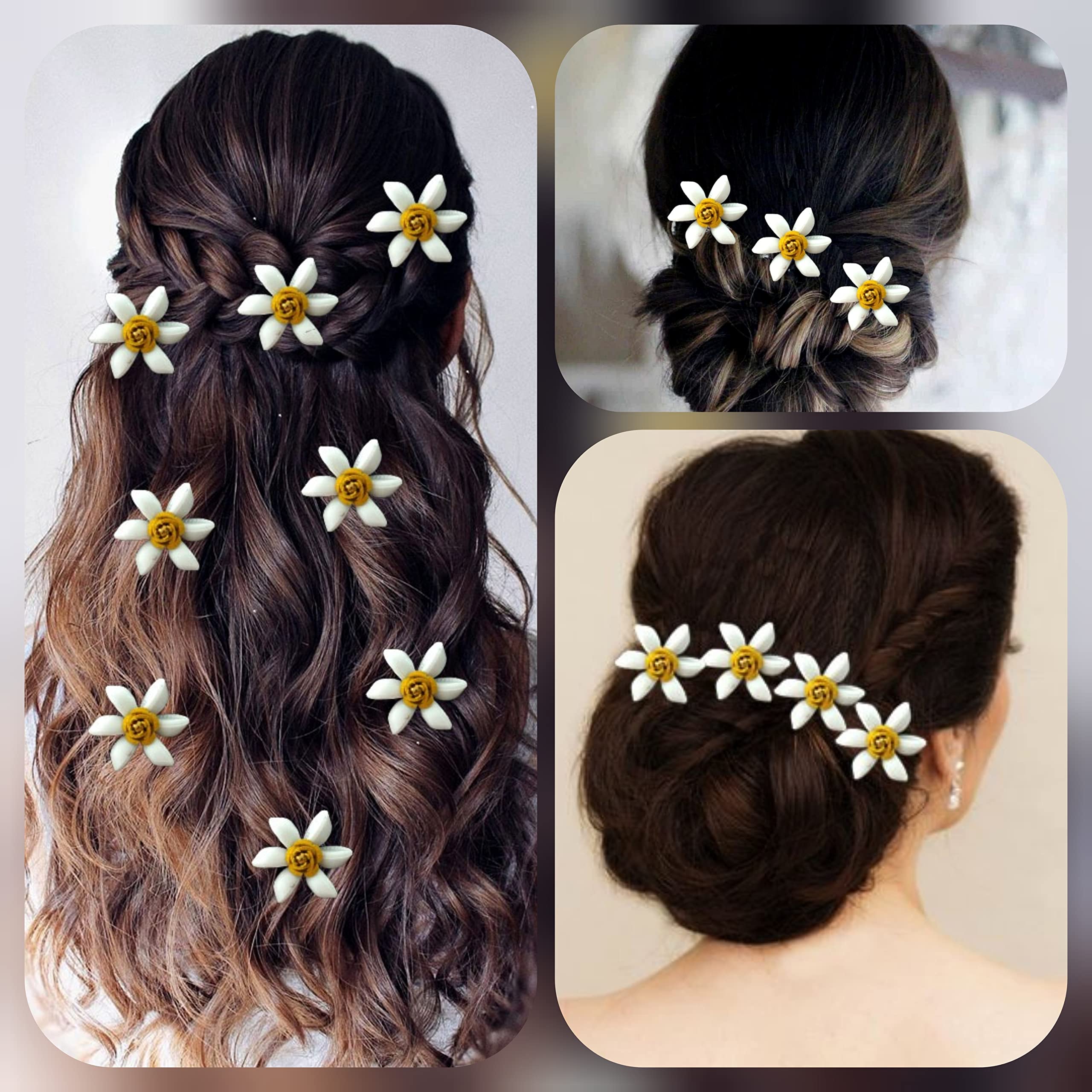 Elegant Artificial Jasmine Flower Hair Pin with Pearls - Bridal Hair Accessories for Weddings, Prom & Special Events - Yellow Floral Bun Pins (Pack of 8)