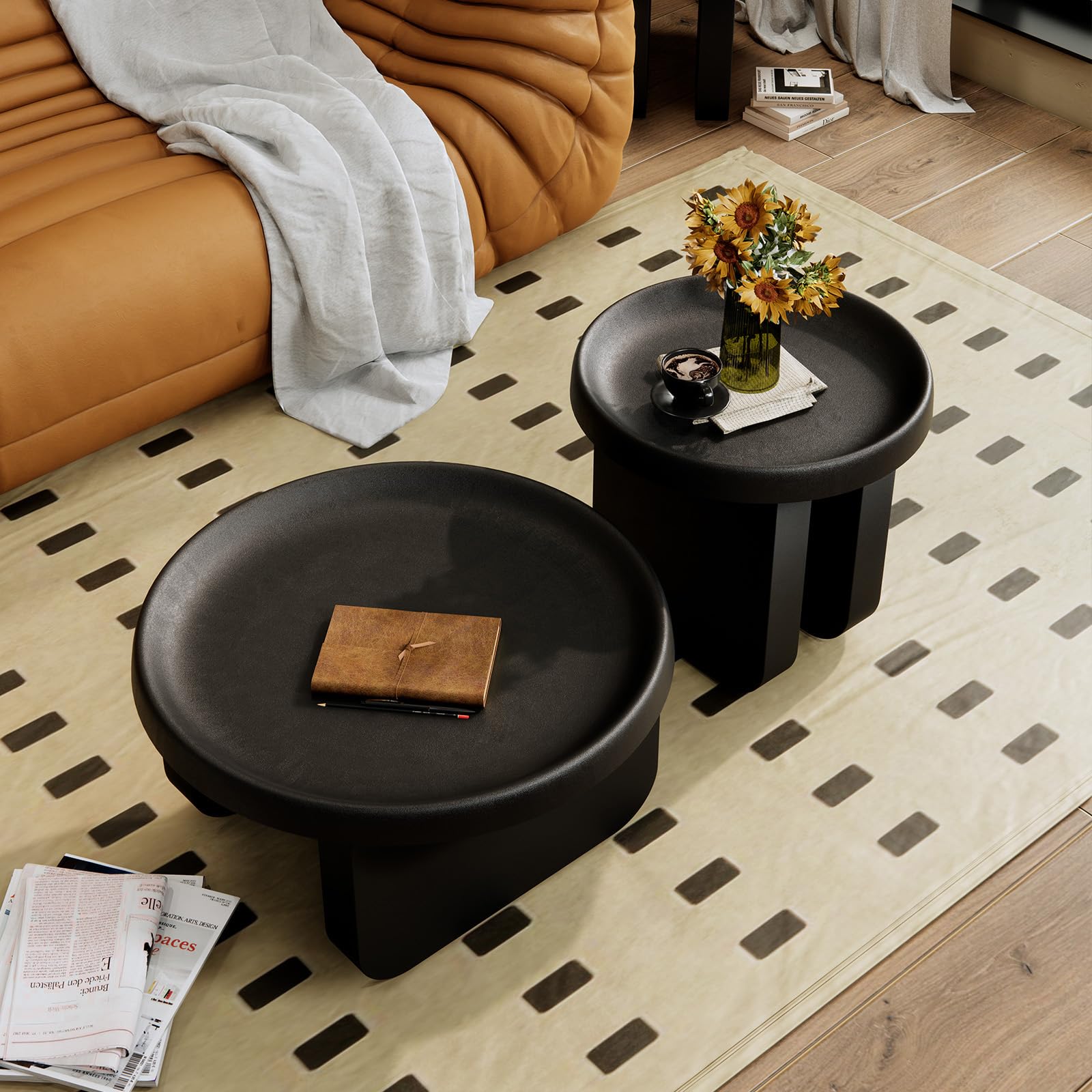 Modern Round Coffee Table Set - Black Nesting Metal Center Table for Living Room, Unique Circle Design (29.1 x 16.5 Inches) - Perfect for Small Spaces, Apartment Decor & Contemporary Home Furnishings