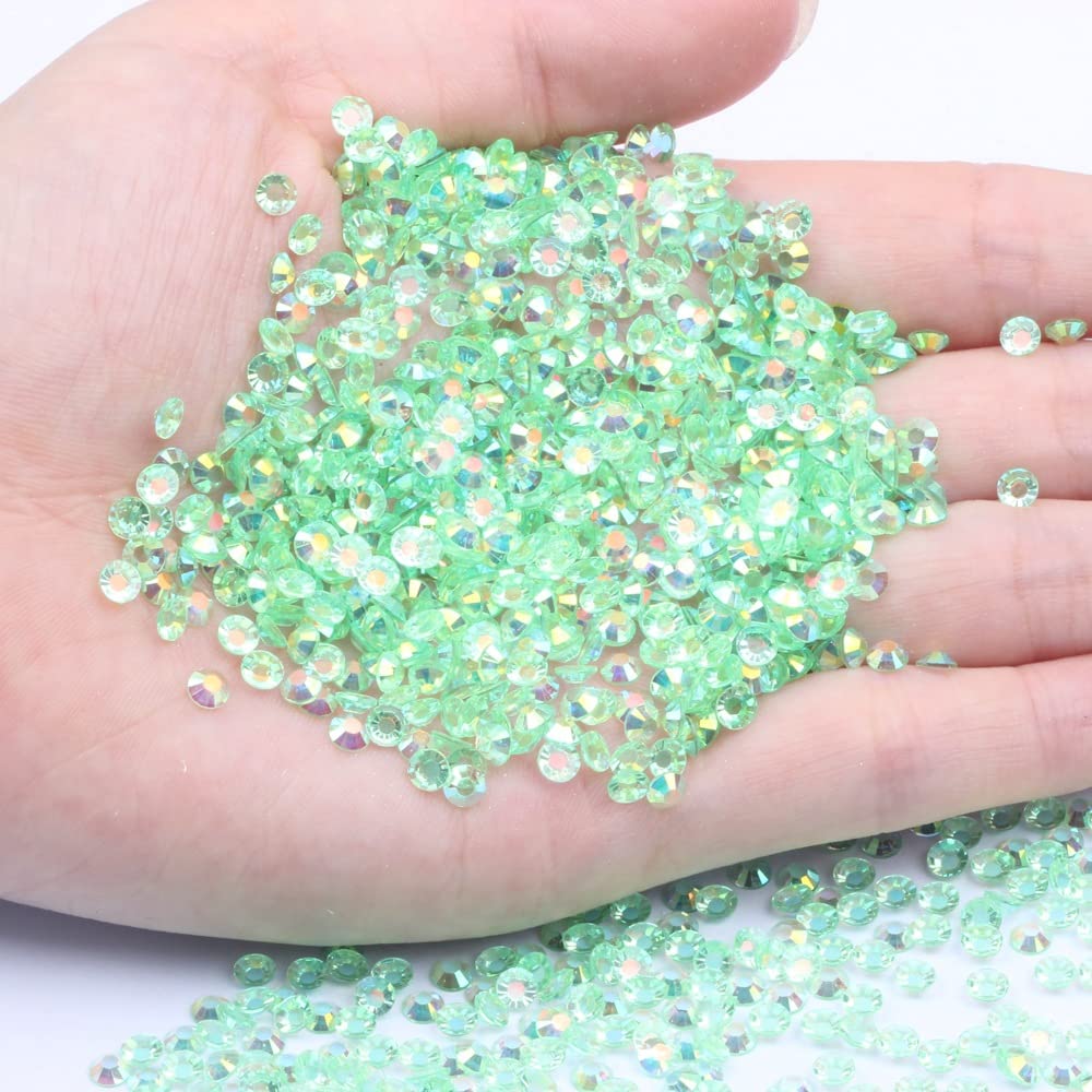 1000Pcs Transparent AB Flat Back Nail Art Rhinestones - Mixed Sizes 2mm 3mm 4mm 5mm 6mm - DIY Nail Decorations & Craft Supplies - Perfect for Manicures, Nail Art Designs, Jewelry Making, and Home Decor (13T Light Green AB)