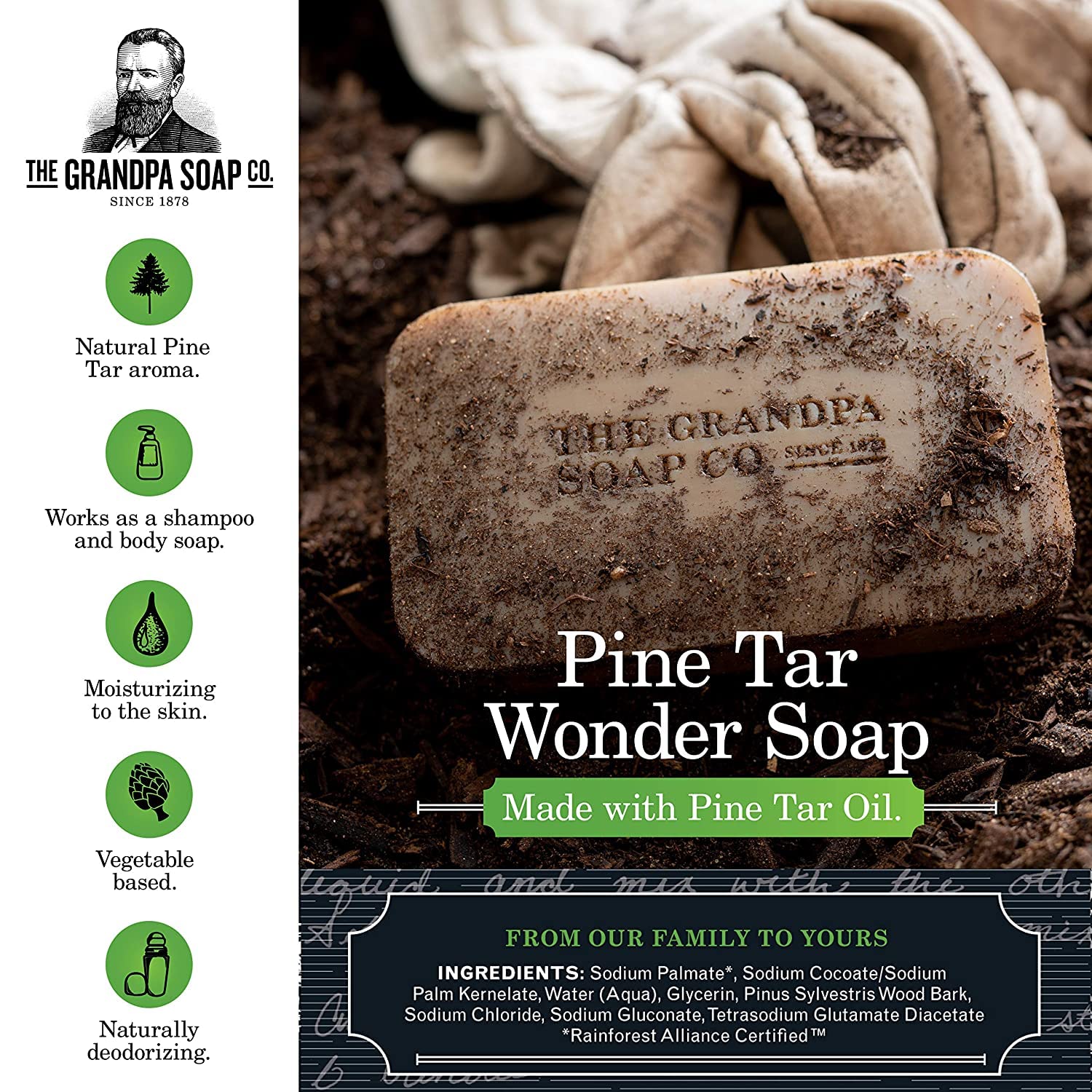 Grandpa's Soap Pine Tar Soap 4.25 oz (Pack of 4) - All-Natural Skin Care for Eczema, Psoriasis & Dry Skin Relief - Perfect for Camping, Hiking & Outdoor Activities