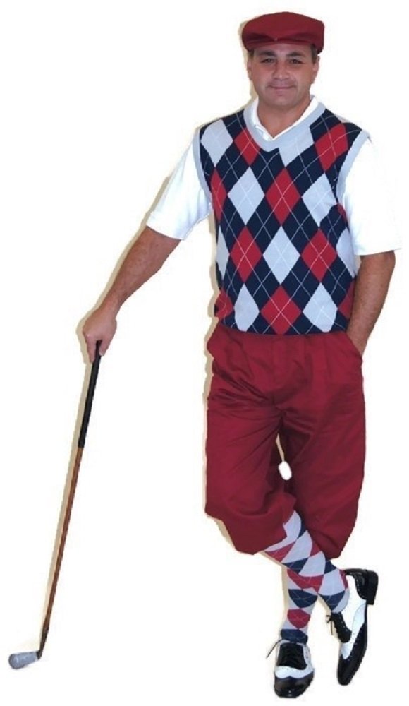 Men's Vintage Golf Outfit Set - Maroon Knickers, Cap, Navy & Grey Sweater with Socks | Classic Golf Attire for Tournaments & Country Club Style