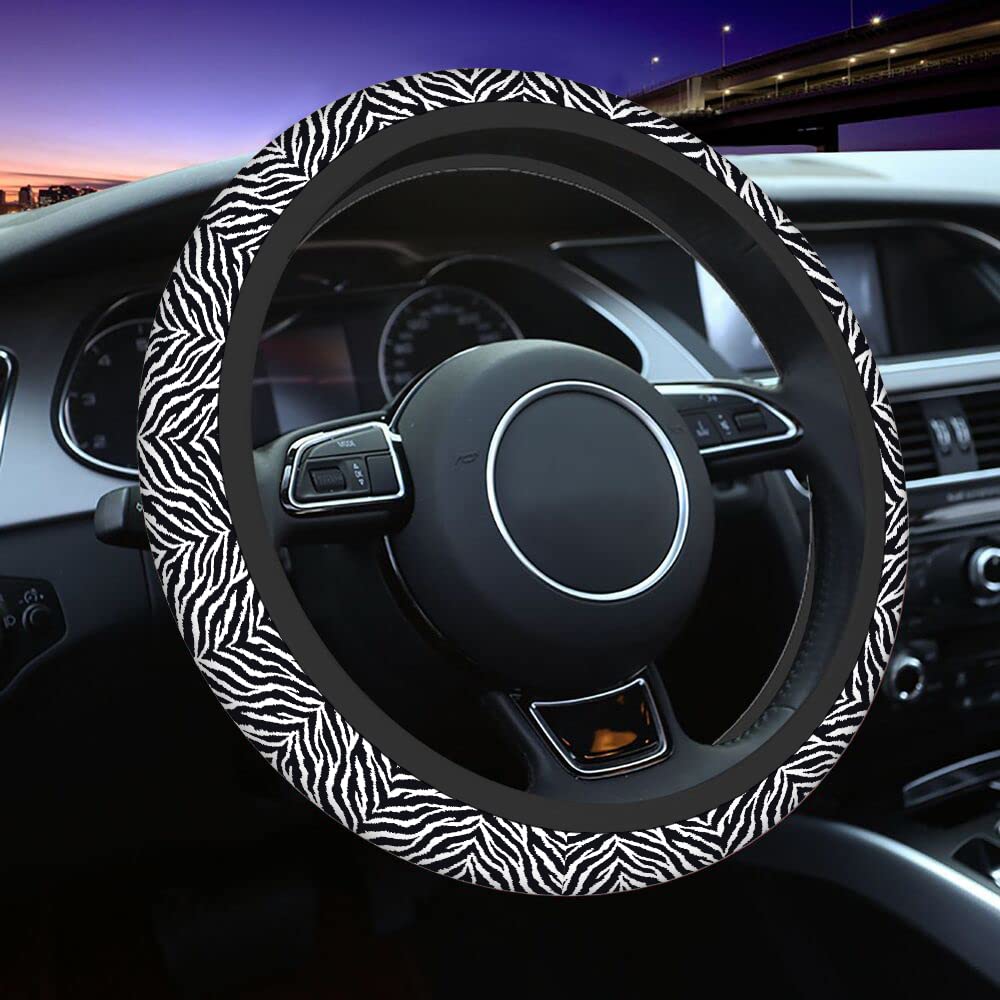 Swono Non-Slip Neoprene Steering Wheel Cover - 15 Inch Zebra Print Black Stretch-On Car Wrap for Comfort Grip & Protection | Perfect for SUVs, Trucks & Daily Commutes