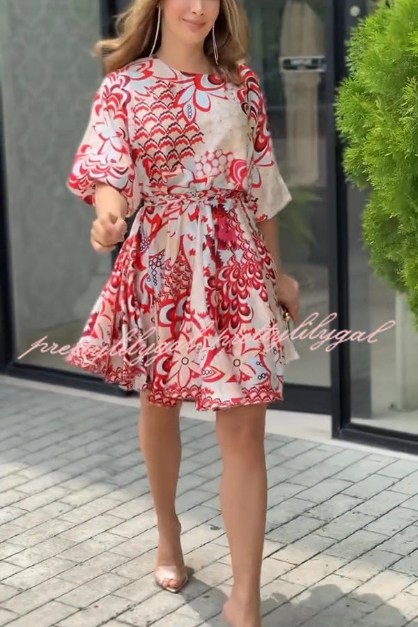 **Stylish Printed Round Neck Short Sleeve Waist Tie Mini Dress for Women - Perfect for Vacation, Beach, and Summer Outfits**