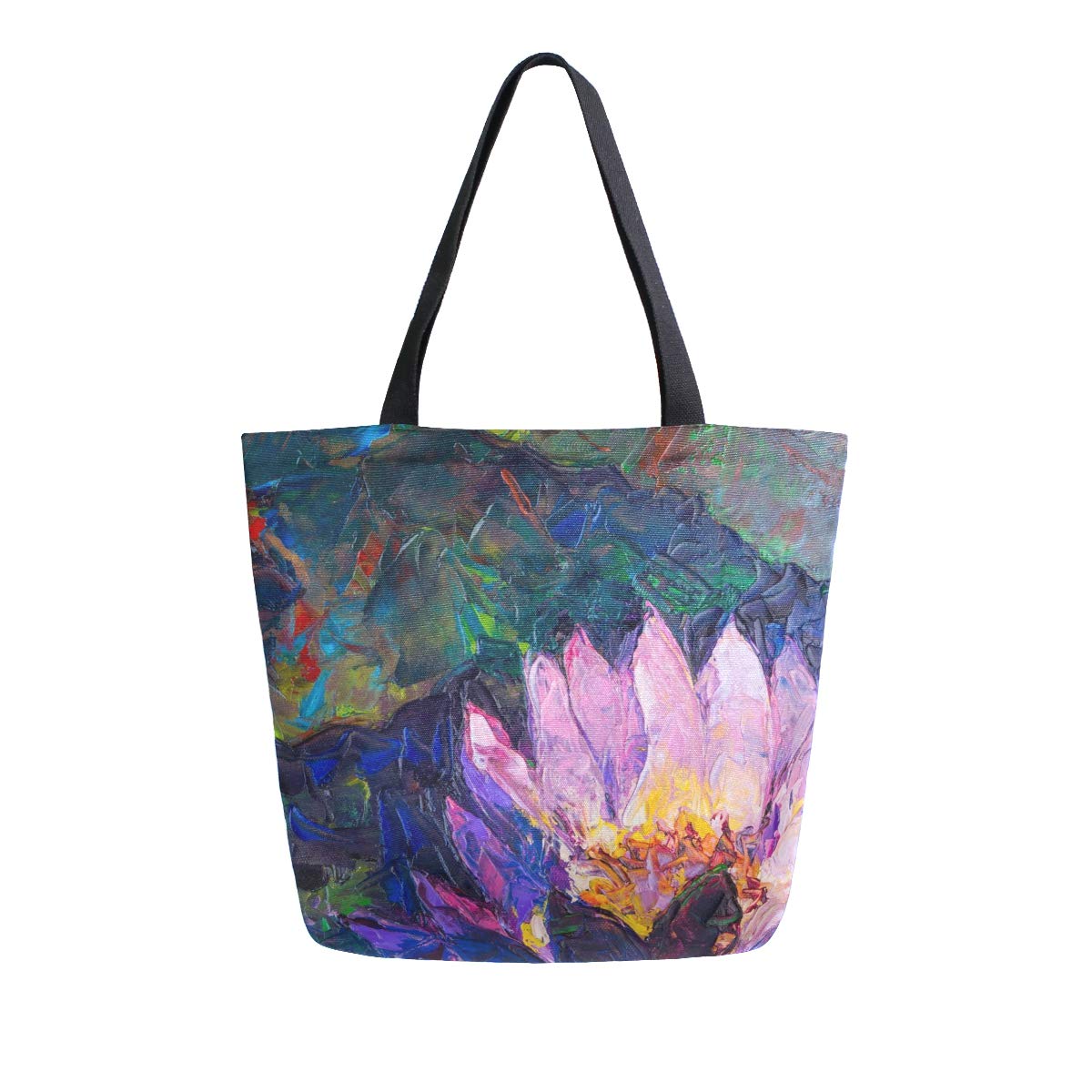 **Purple Lotus Flower Oil Painting Canvas Tote Bag for Women - Large Heavy Duty Reusable Grocery Bag, Casual Shoulder Handbag for Girls - Perfect for Shopping, Beach, Work & Travel**