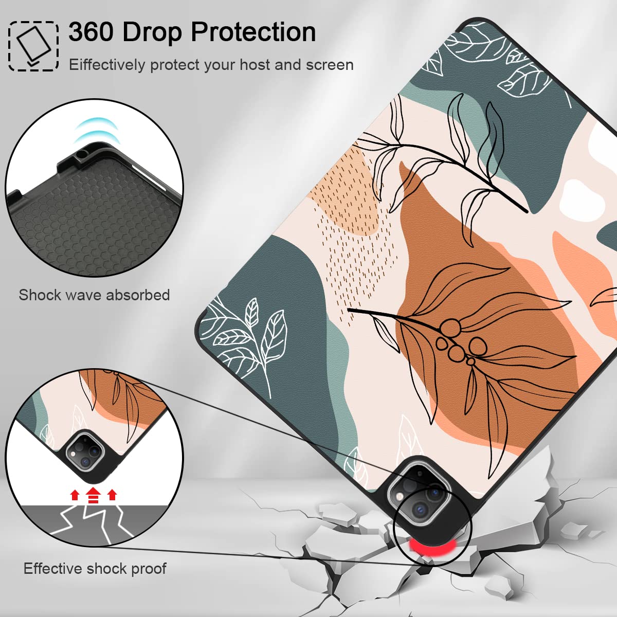 iPad Pro 11 Case (2020-2022 Models) - Magnetic Smart Cover with Soft TPU Back & Trifold Stand | Supports Apple Pencil 2 Charging | Auto Wake/Sleep | Abstract Leaves Design - Perfect for Work, Travel & Home Use