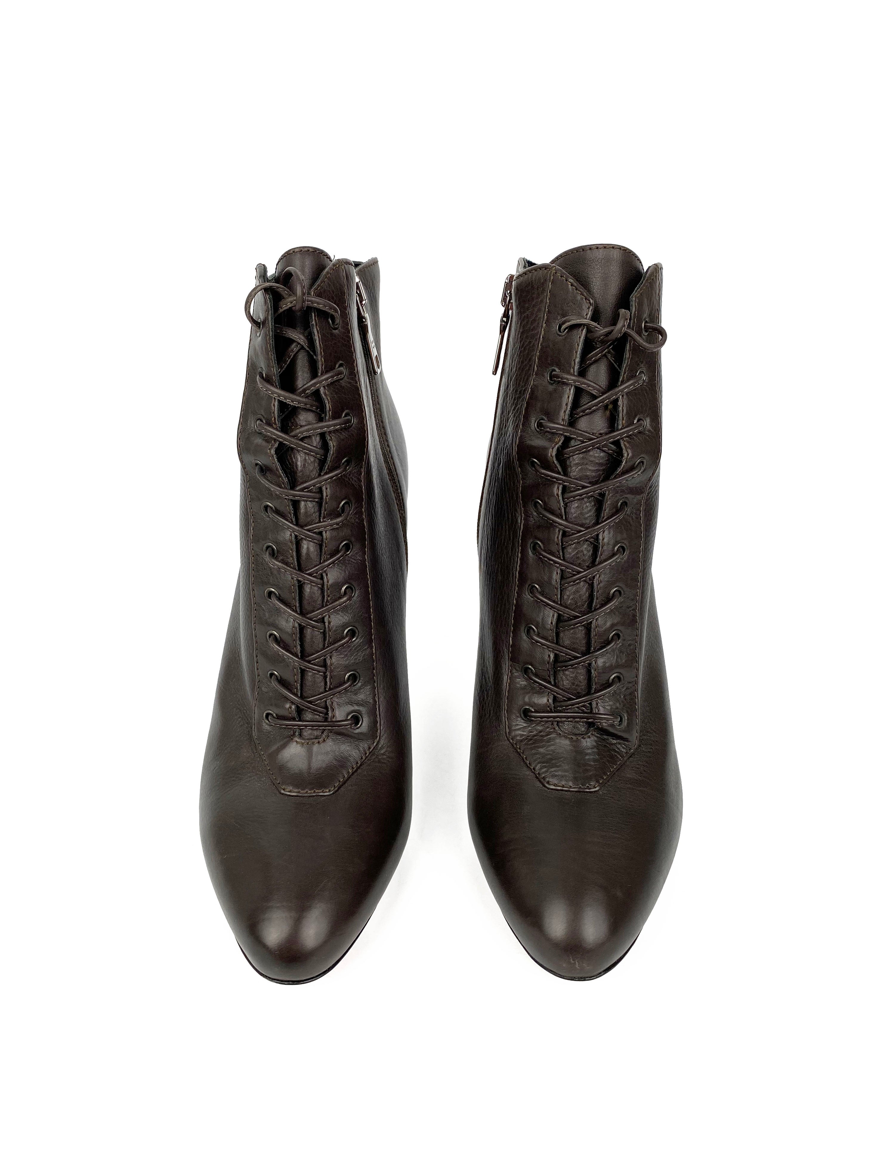 Prada Brown Leather Lace-Up Ankle Boots Women's Size 38.5 EU (7.5 US) - Stylish Fall/Winter Fashion for Office, Dating & Night Out