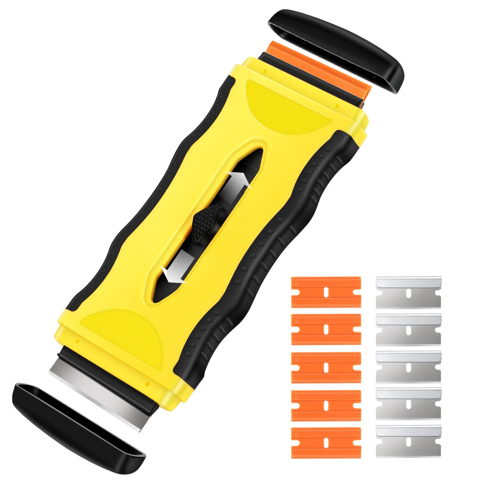 DEKEones 2-in-1 Razor Blade Scraper Tool - 5 Plastic & 5 Metal Blades for Stickers, Decals, Cooktop, Oven Cleaning - Multifunctional Scraper for Kitchen, Bathroom, Windows & DIY Projects (Yellow, 1 Pack)