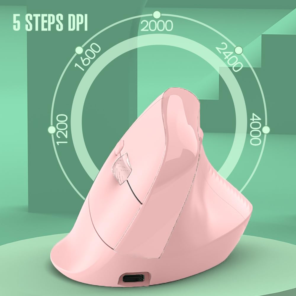 Wireless Vertical Ergonomic Mouse - USB-C Rechargeable 4000DPI Silent Mouse for Carpal Tunnel Relief - Pink Ergonomic Computer Mouse for Office Work, Gaming & Home Use