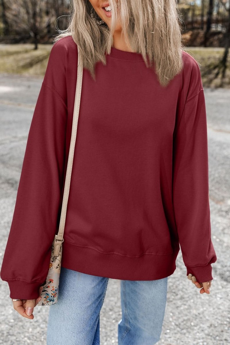 Burgundy Plain Drop Shoulder Crewneck Pullover Sweatshirt for Women - Casual Loose Fit Long Sleeve Sweater for Fall Winter Fashion, Lounge, Travel & Everyday Wear