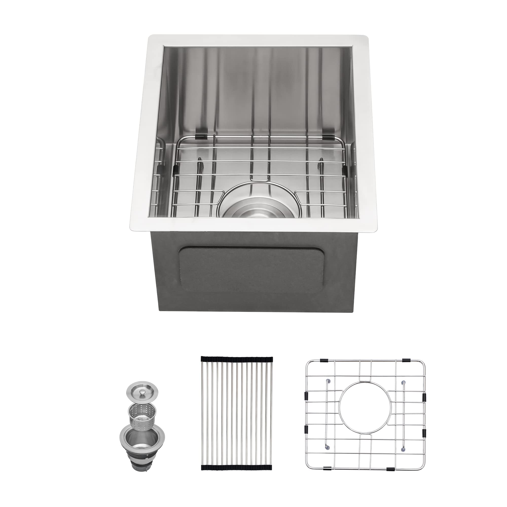Logmey 13x15 Inch Undermount Stainless Steel Small Wet Bar Sink - Single Bowl Prep Sink with Drain Assembly, Bottom Grid & Roll Up Rack | Perfect for Kitchen Islands, Home Bars, RV Campers & Small Space Installations