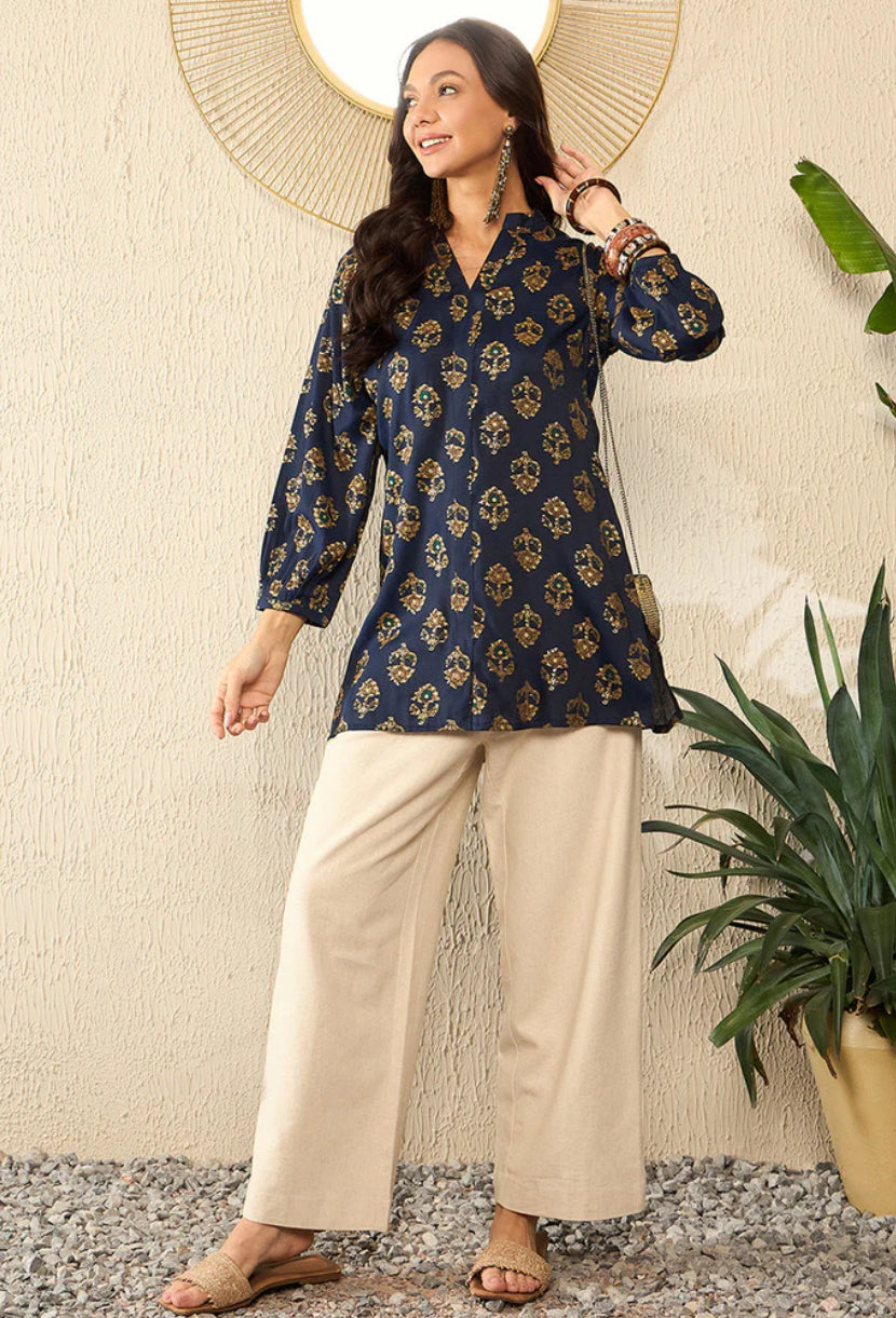 Stylish Blue Cotton Blend Floral Printed Indian Kurti Tunic Top for Women | Comfortable & Fashionable Ethnic Wear | Perfect for Festivals, Parties & Casual Outings