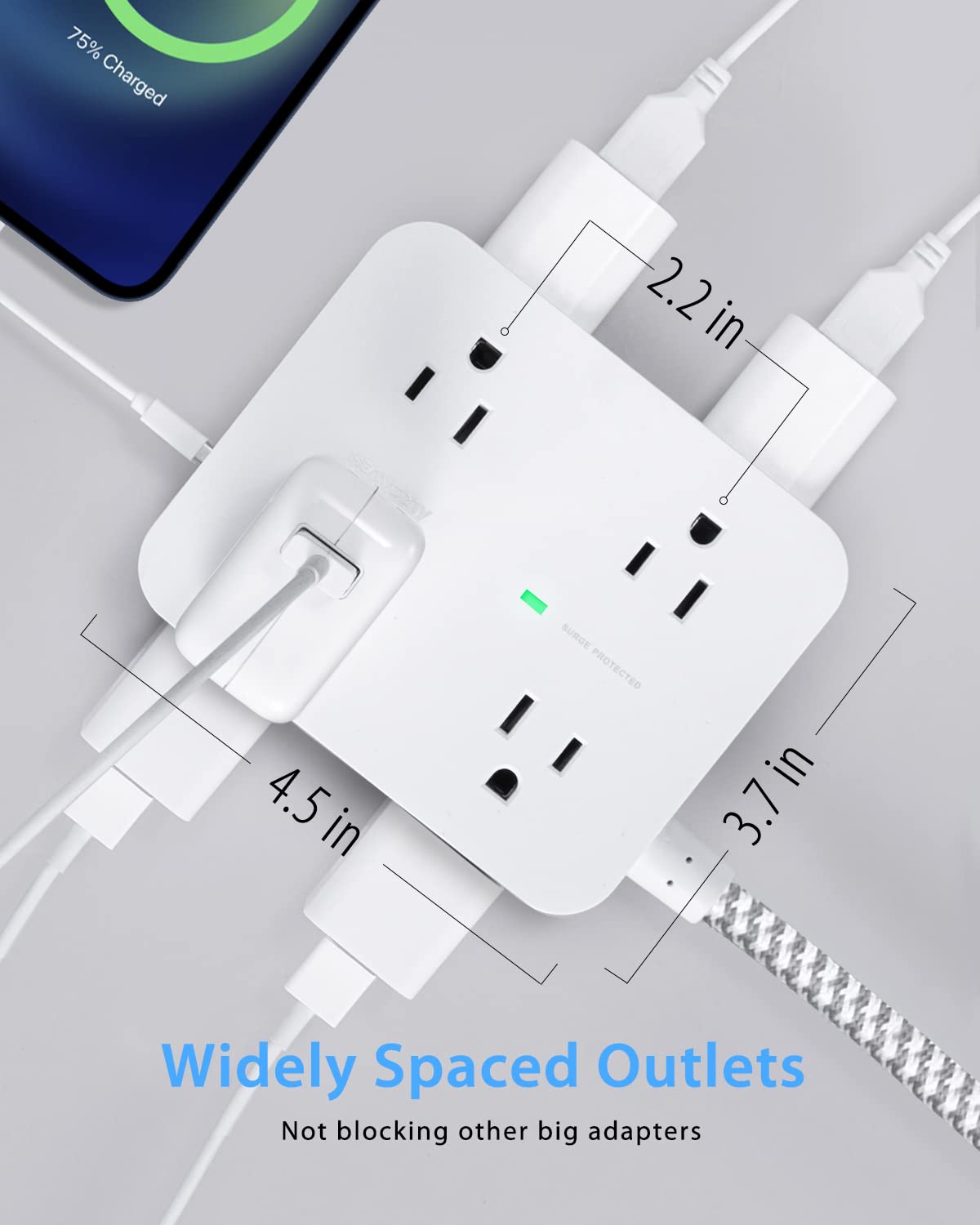 8-Outlet Surge Protector Power Strip with 4 USB Ports (5 ft Cord) - Ideal for Home, Office & Travel Charging Multiple Devices