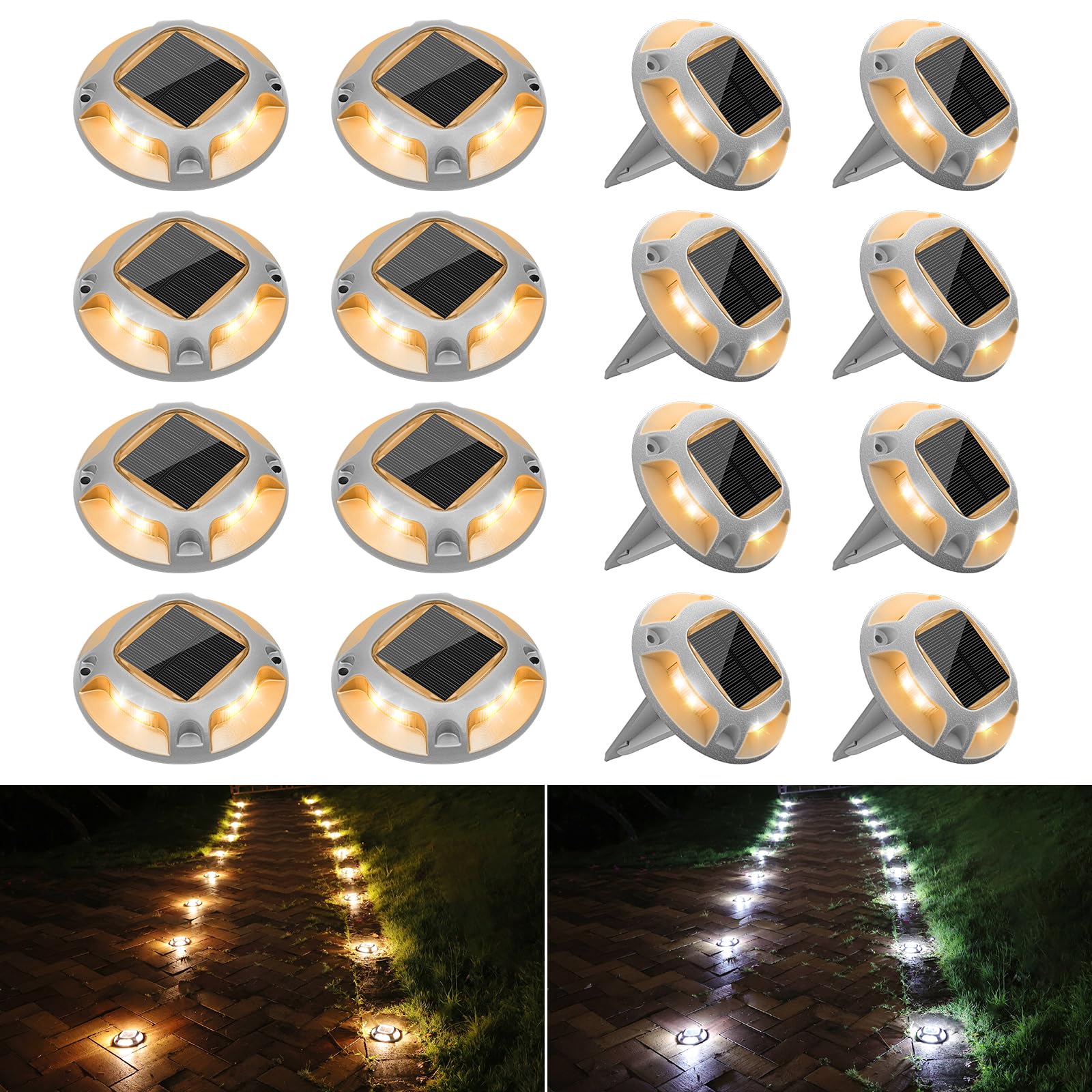 VOLISUN 16 Pack Solar Driveway Lights - 2 Color LED Outdoor Step Lights (White/Warm White) | IP67 Waterproof Deck & Pathway Lighting for Driveway, Sidewalk, Garden, and Patio Safety