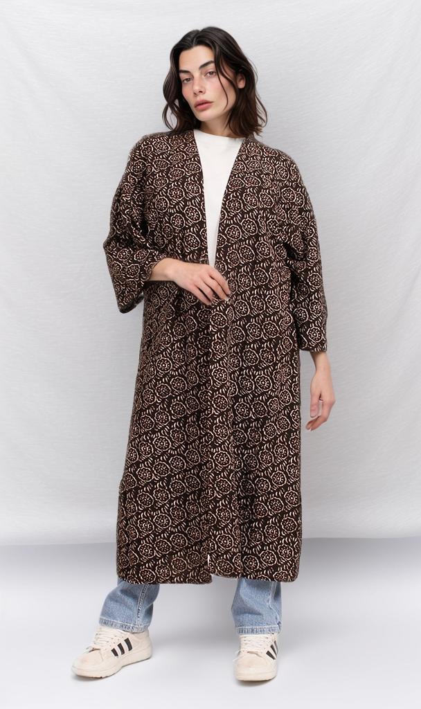 Printed Linen Look Kimono - Dark Brown & Beige Abstract Pattern - Lightweight Cover Up for Women - Perfect for Beach, Pool, or Summer Outfits