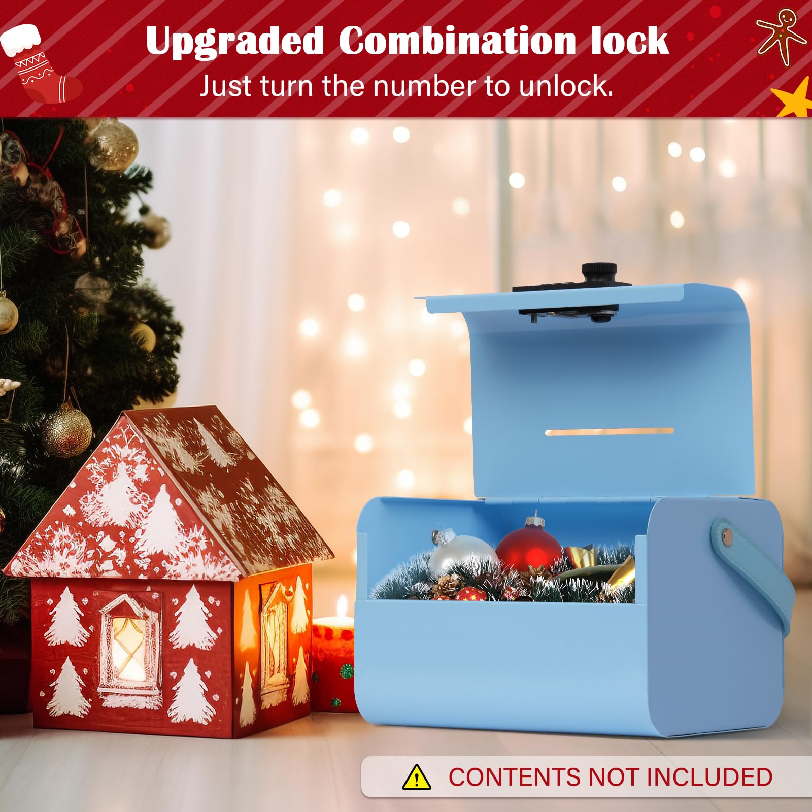 GOLDENKEY Kids Cash Box with Lock & Slot - Blue Metal Piggy Bank with Stickers for Boys & Girls - Portable Money Safe Box for Savings - Perfect Birthday Gift & Financial Learning Tool for Home, School & Playroom