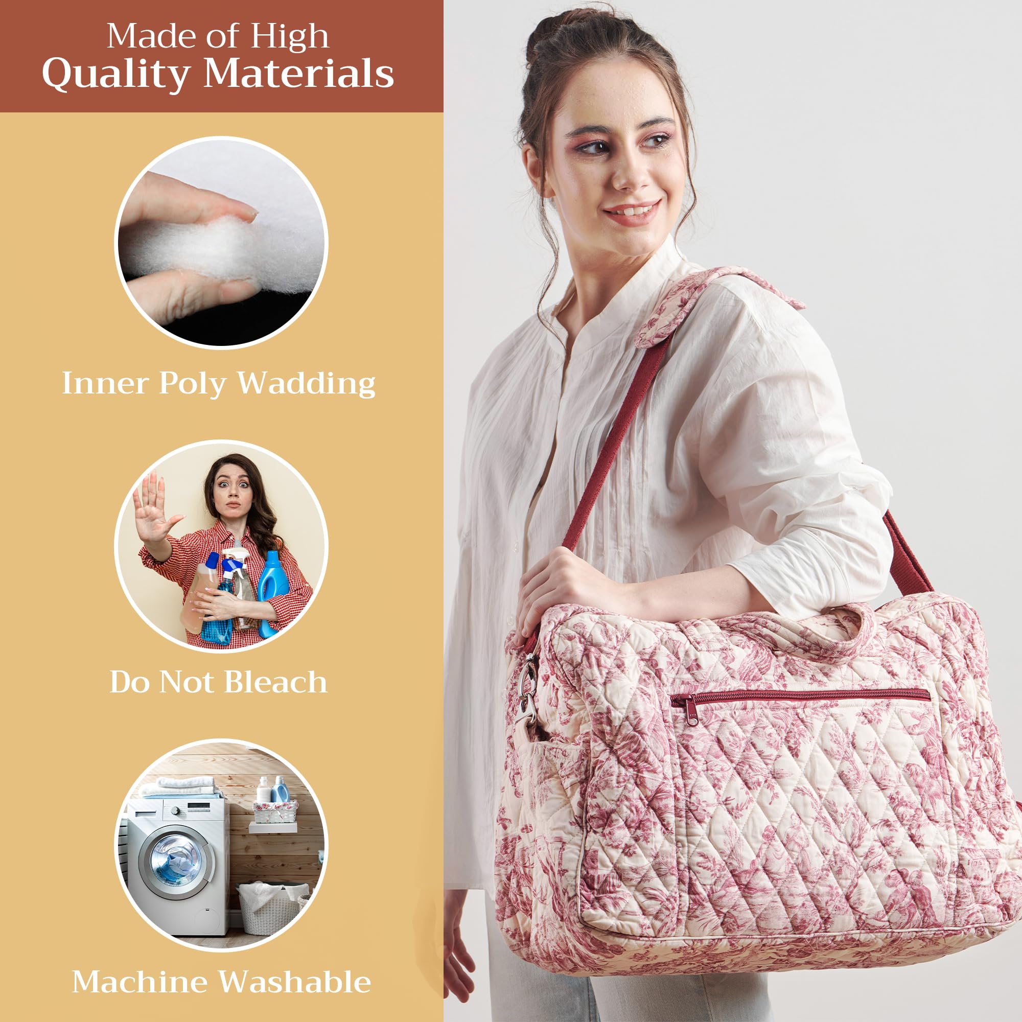 Hermine Weekend Bag - Cotton Quilted Duffel Overnight Luggage for Travel, Gym & Business | Weekender Tote for Men & Women | Perfect Gift for Family Trips & Business Travelers | The Miller - Red | Ideal for Airplane Carry-On, Gym Workouts & Weekend Getaways