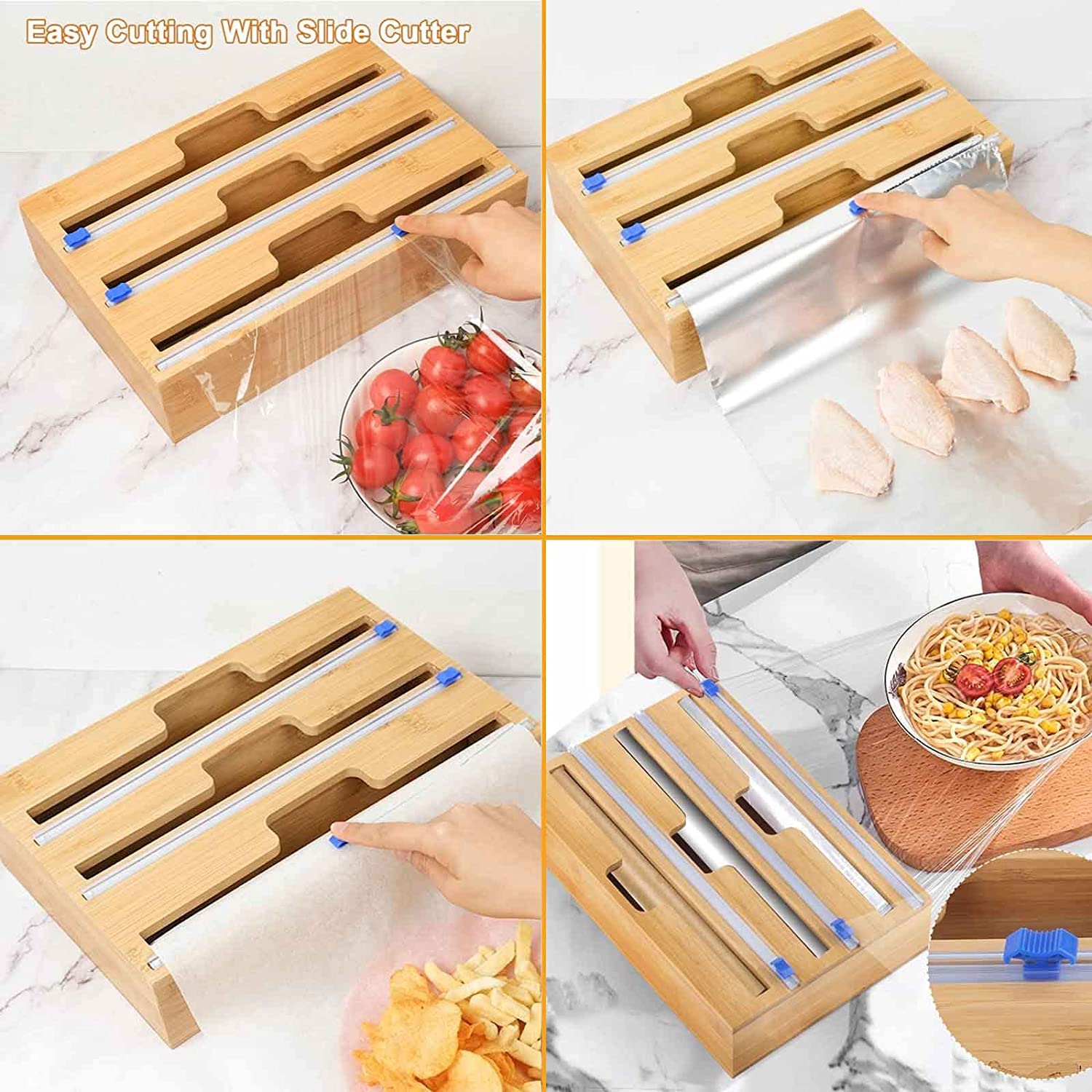 Bamboo Aluminum Foil & Plastic Wrap Dispenser - 3-in-1 Reusable Kitchen Organizer for Food Storage | Eco-Friendly Foil & Cling Film Holder with Bamboo Box | Perfect for Pantry, Countertop & Kitchen Organization