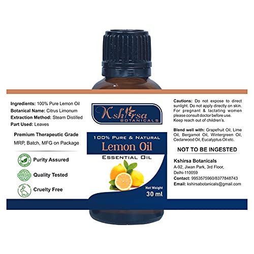 Kshirsa Botanicals 100% Pure Lemon Essential Oil - Steam Distilled for Skin Care, Hair Dandruff Treatment, Aromatherapy & Diffuser Use (30ml) - Perfect for Relaxation, Home Spa & Natural Cleaning