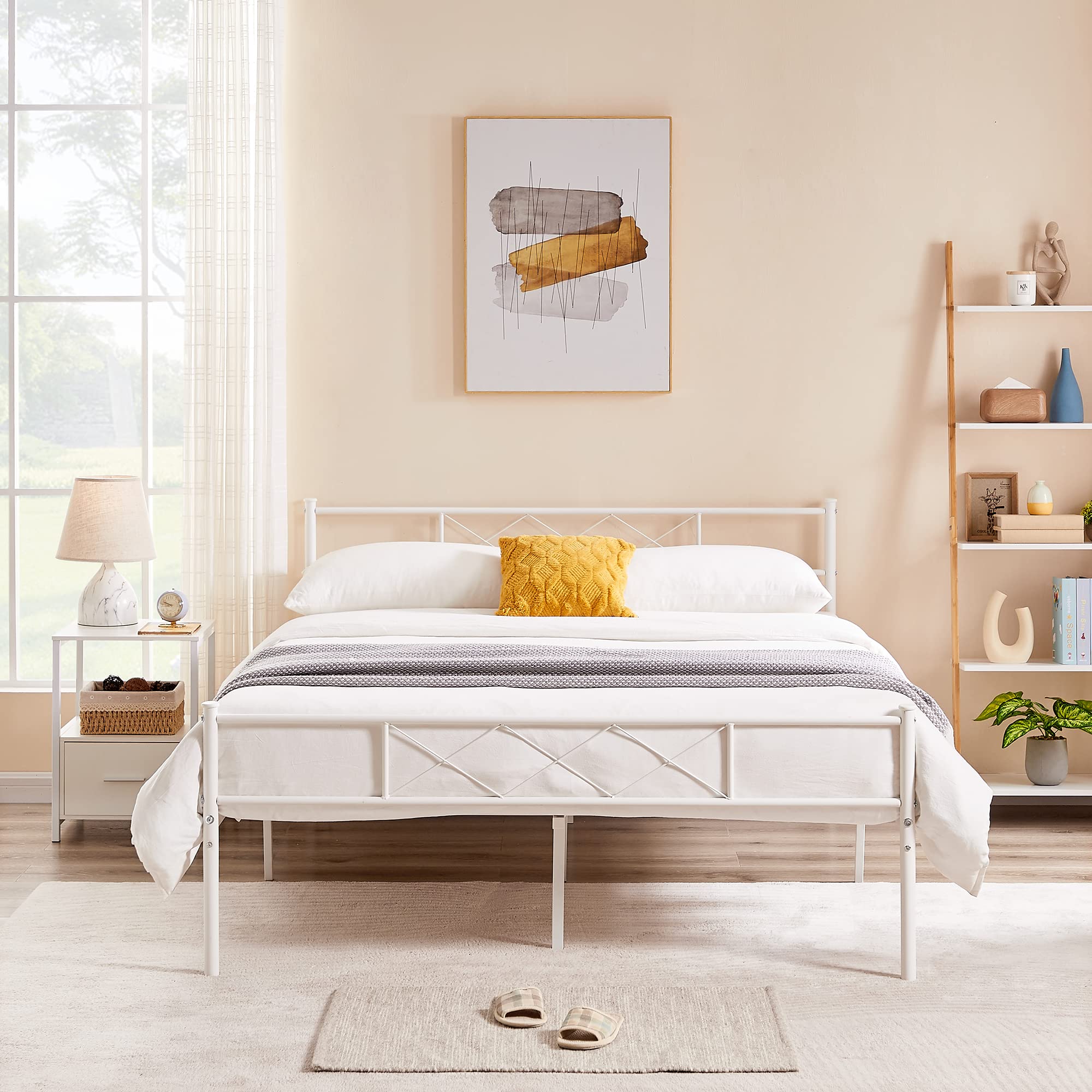 VECELO Full Size Metal Bed Frame with Headboard & Footboard - Sturdy Mattress Foundation, Easy Assembly, Solid White - Perfect for Bedrooms, Guest Rooms & Dormitories