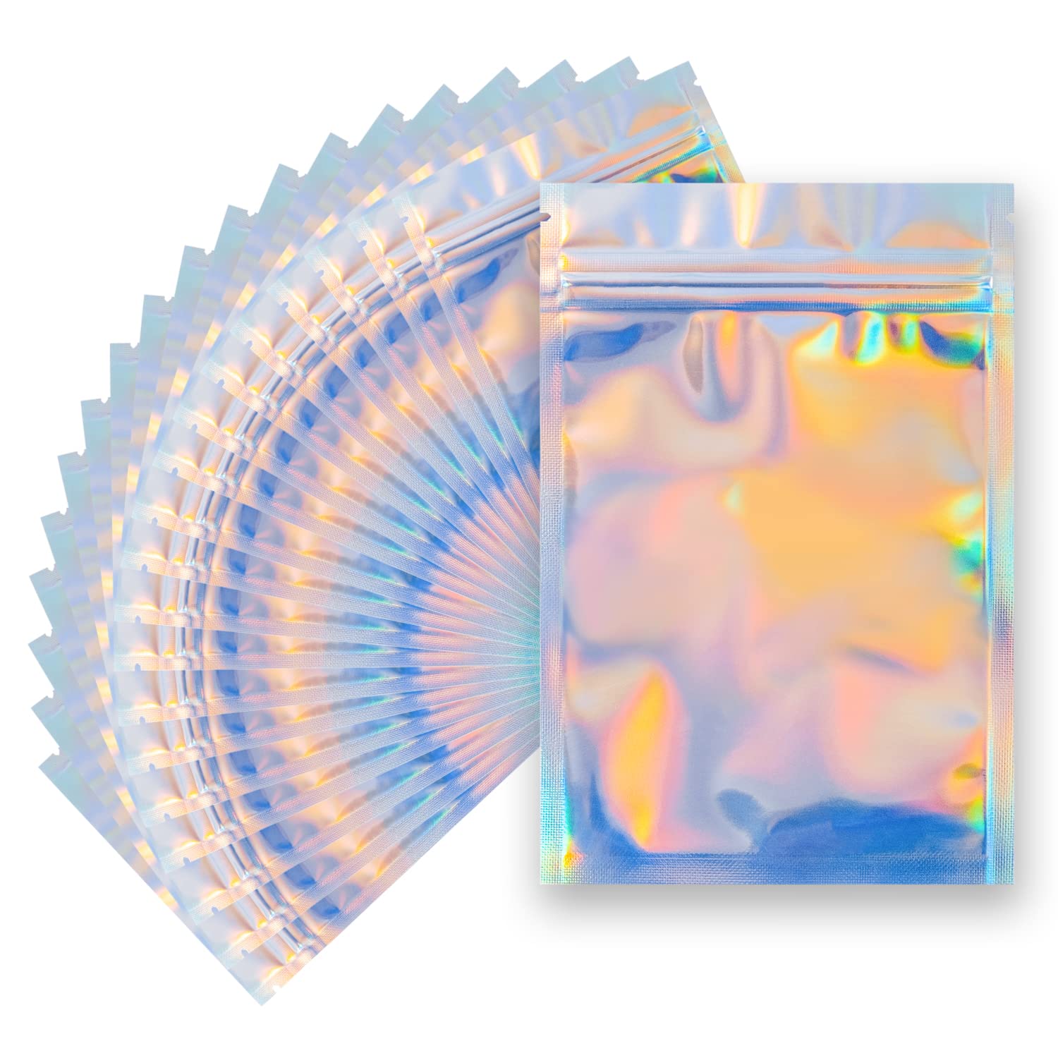 100-Pack 4x6 Inch Smell Proof Resealable Mylar Bags - Holographic Rainbow Ziplock Food Storage Pouches for Party Favors, Snacks, Herbs & Travel - Airtight Plastic Packaging for Freshness & Odor Control