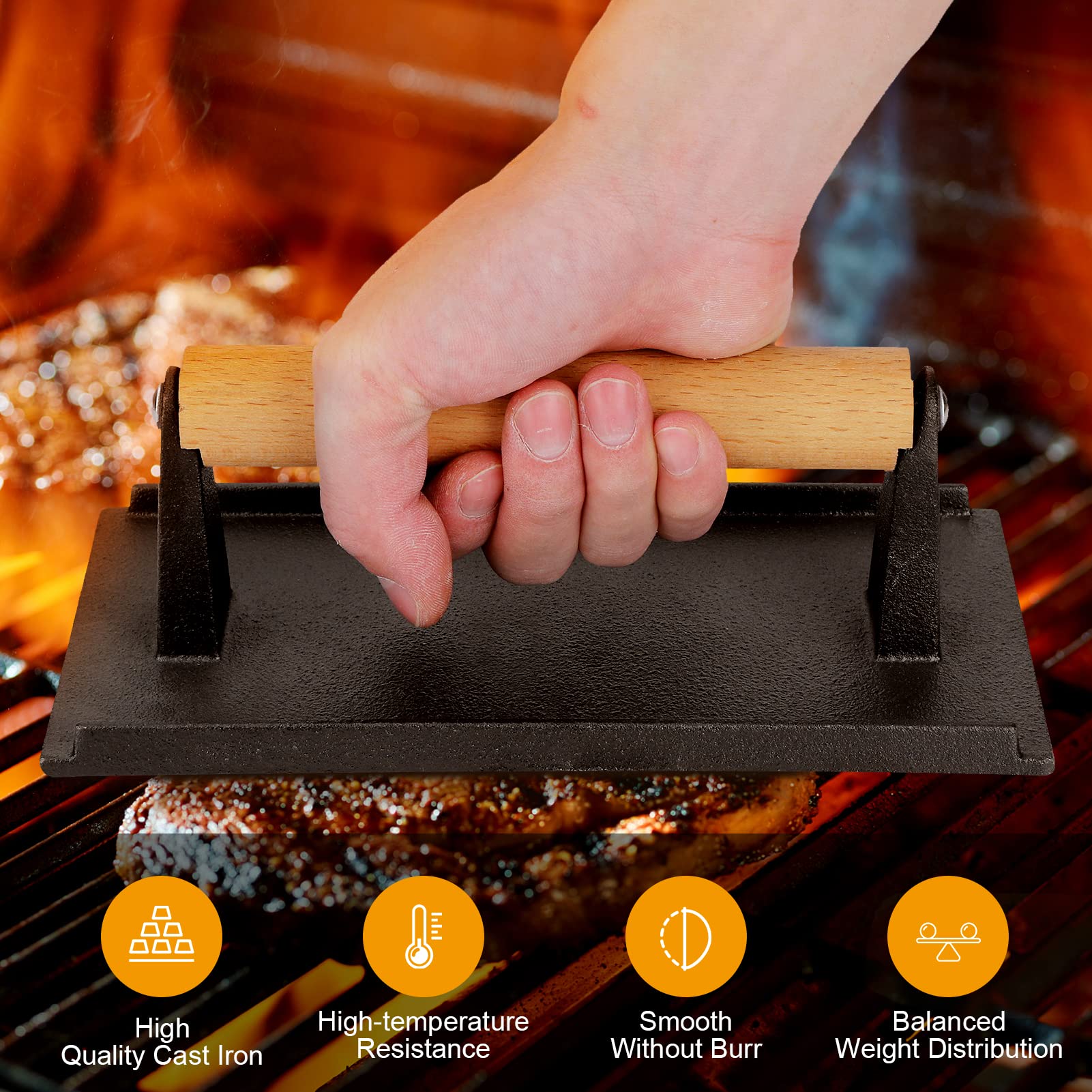 Heavy Duty Cast Iron Grill Press with Wooden Handle - Perfect for Steak, Burger & Bacon - BBQ Griddle Weight for Grills, Griddles & Flattops - Ideal for Backyard BBQs, Camping & Outdoor Cooking