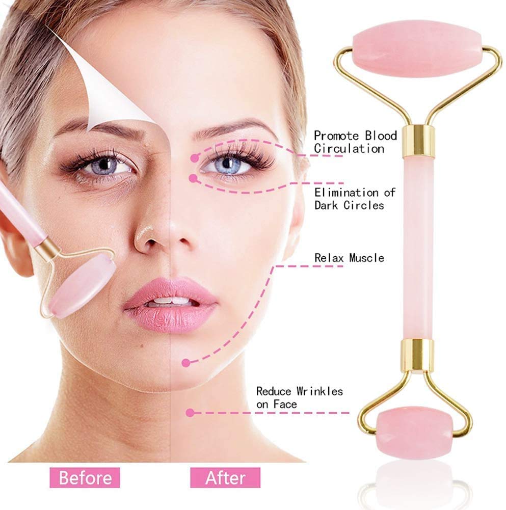 Rose Quartz Facial Roller & Silicone Face Brush Set - Jade Roller Massage Tool for Face, Eyes, Neck - Reduce Wrinkles & Puffiness - Perfect for Skincare Routine & Relaxation at Home or Travel