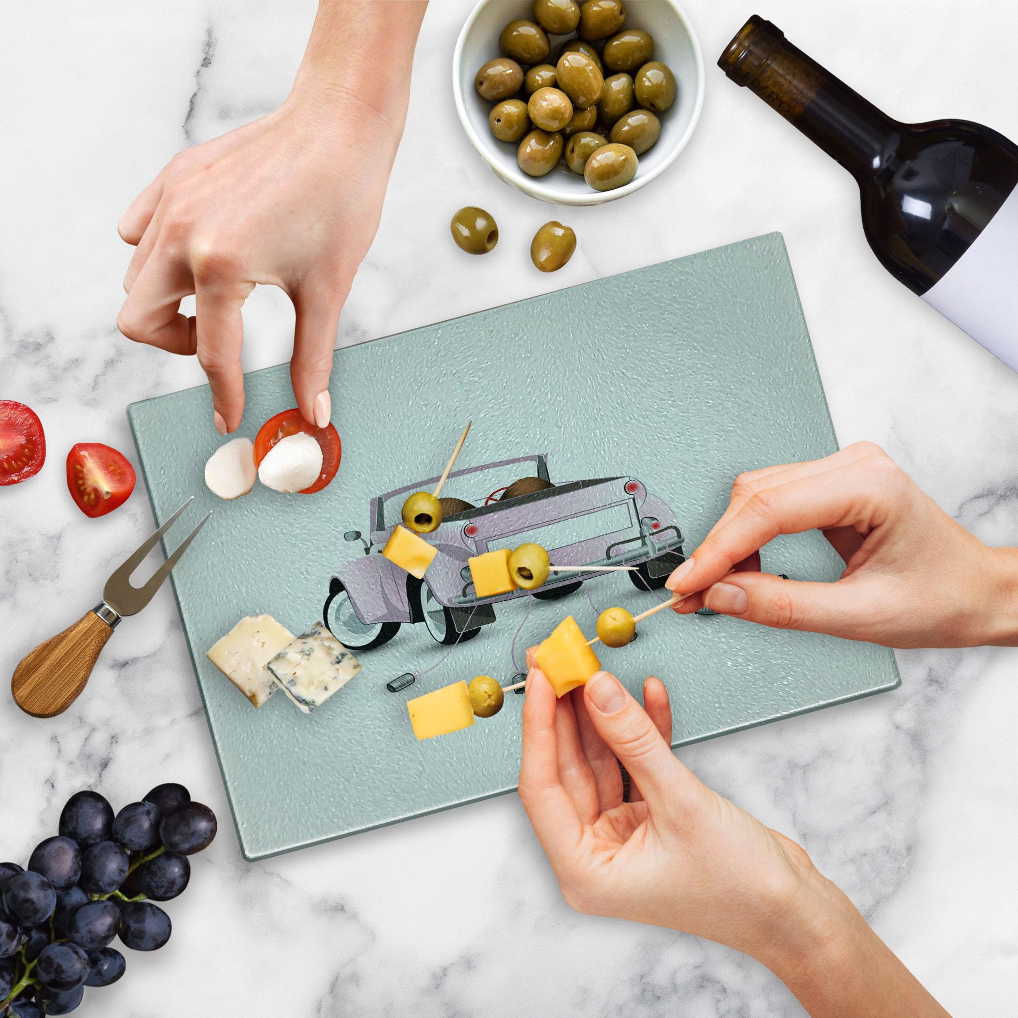 Ambesonne Cars Themed Wedding Cutting Board - Just Married Open Roof Top Car Love Print for Bride & Groom - Decorative Tempered Glass Serving Board - Small Size Pink & White - Perfect for Wedding Gifts, Bridal Showers & Kitchen Decor