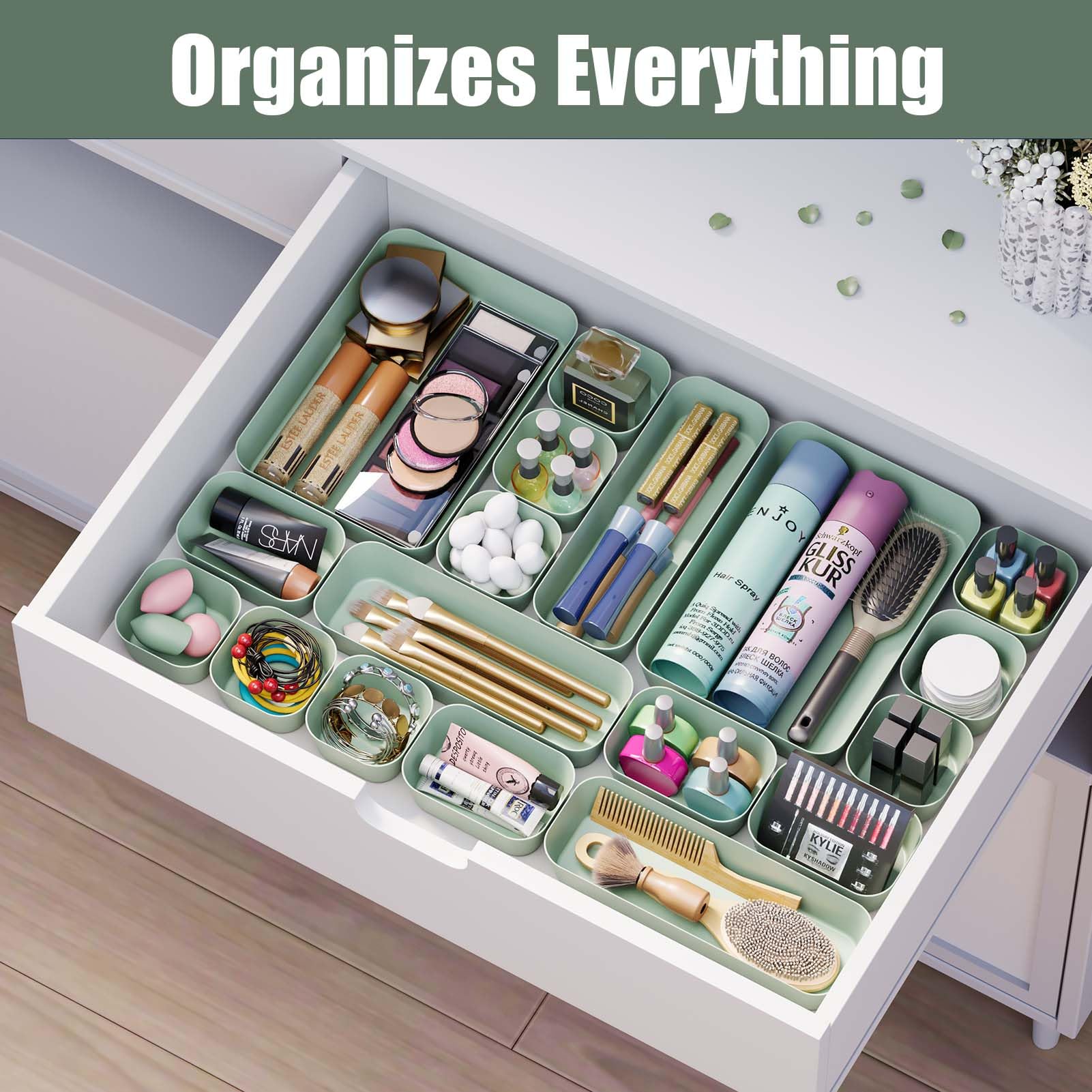Famhap 9-Piece Plastic Drawer Organizer Set - Desk Drawer Dividers & Vanity Storage Bins for Makeup, Jewelry, Utensils & Gadgets | Perfect for Kitchen, Bedroom, Bathroom & Office Organization (Dark Green) | Space-Saving Solution for Clutter-Free Home & Workspace