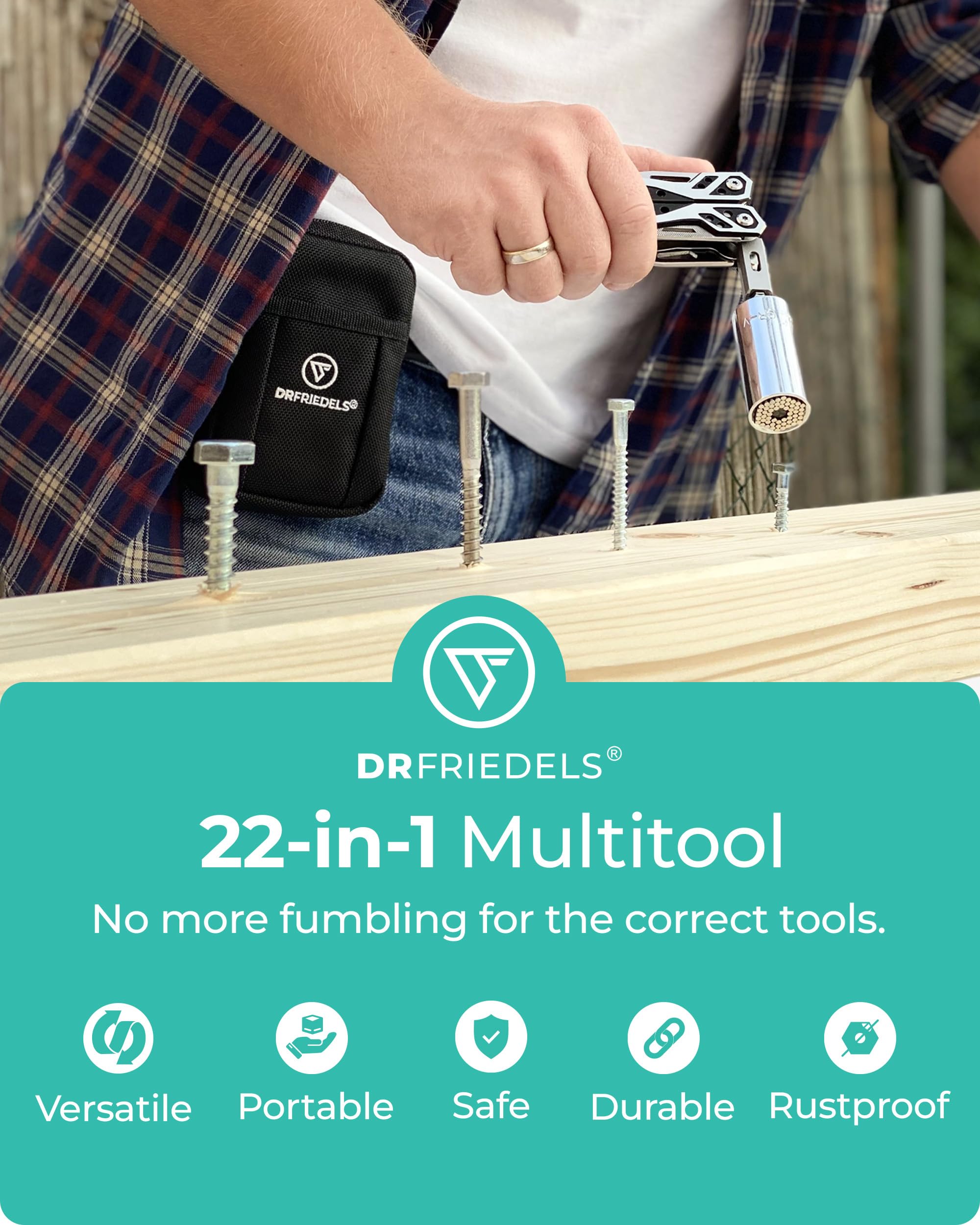 22-in-1 Multi-Tool with Universal Socket | Stainless Steel Pocket Knife with Saw, Wire Stripper & More | Compact DIY Tools for Camping, Hiking, Home Repair & Emergency Kits by DrFriedels