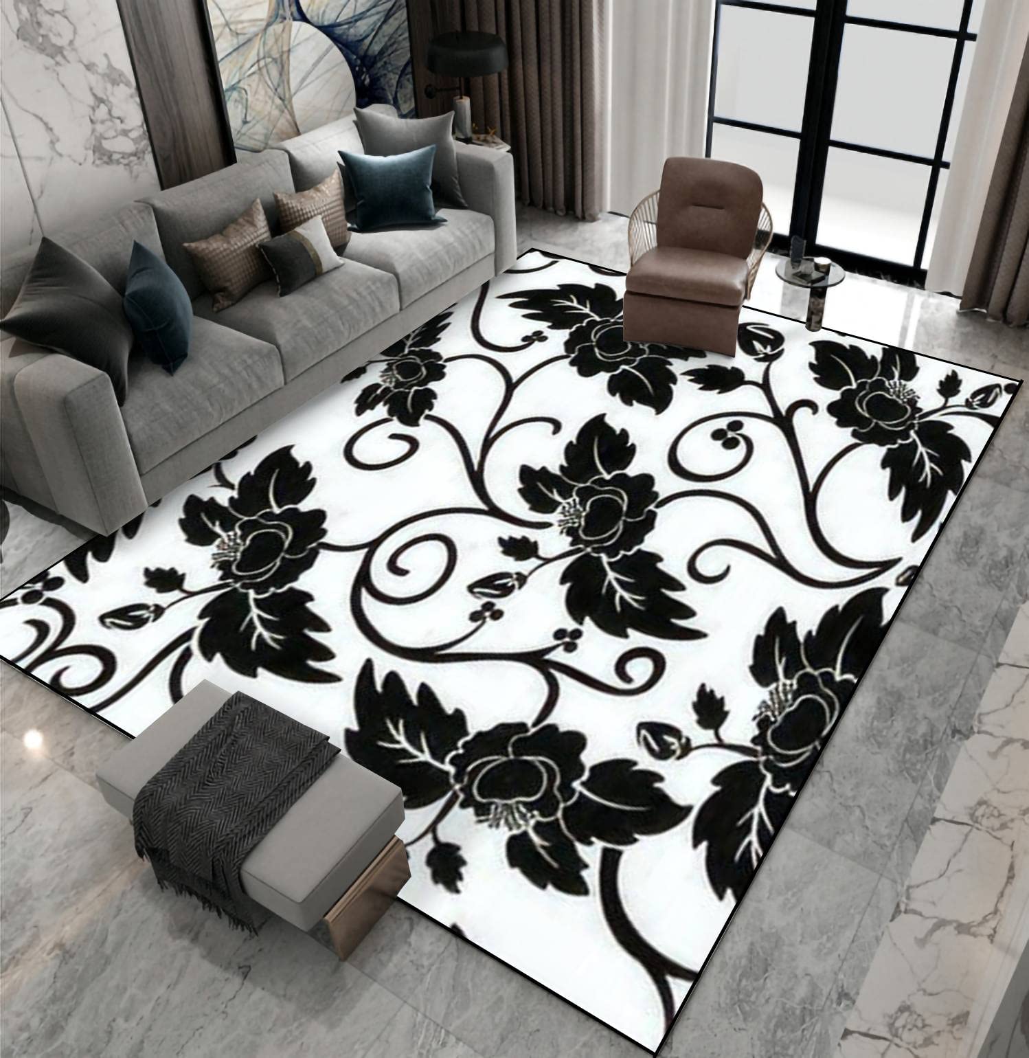 Non-Slip Area Rug with Elegant Black Floral Design - White Seamless Indoor/Outdoor Carpet for Living Room, Bedroom, Kids Room, Hallway - Perfect as Home Decor, Doormat, Yoga Mat and Patio Floor Mat - Ideal for Home, Office, Gym and Outdoor Spaces