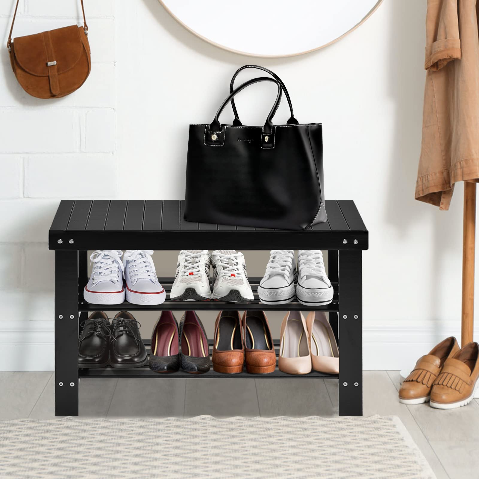 Giantex 3-Tier Bamboo Shoe Bench & Storage Rack - Holds 6 Pairs of Shoes - Entryway Organizer for Heels, Slippers - Perfect for Living Room, Bathroom, Closet & Mudroom Organization (Black)