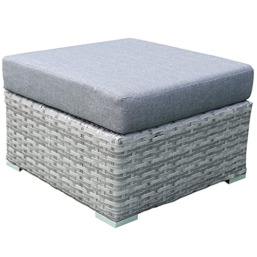 Teva Furniture Light Gray Miami Wicker Rattan Ottoman with Cushion - Stylish Footrest & Accent Piece for Living Room, Patio, or Bedroom Decor