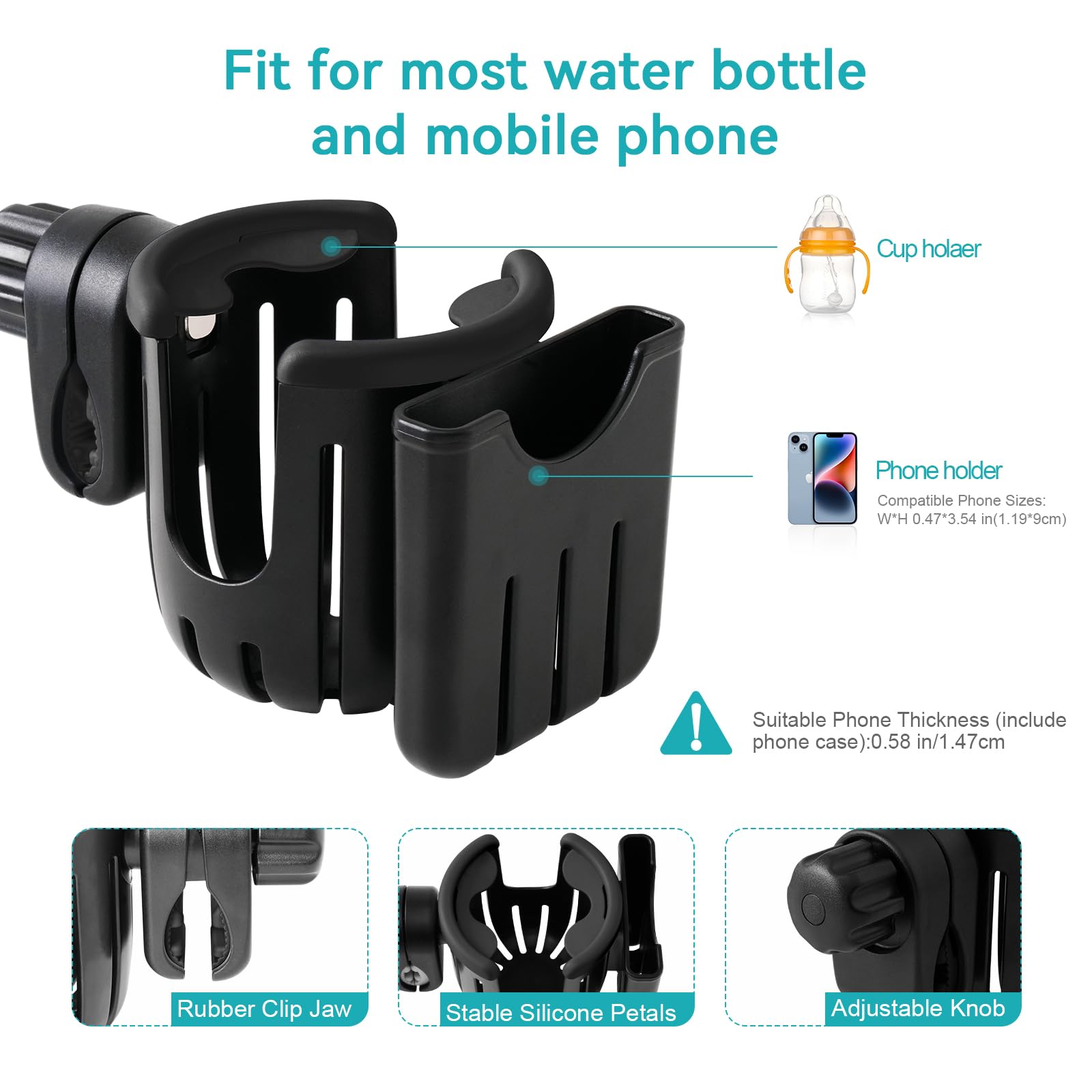 Universal 2-in-1 Stroller & Bike Cup Holder with Phone Pocket - Adjustable Drink Holder for Wheelchairs, Walkers, Scooters - Perfect Gift for Men, Women & Kids (Black) - Ideal for Outdoor Activities, Travel & Daily Commute