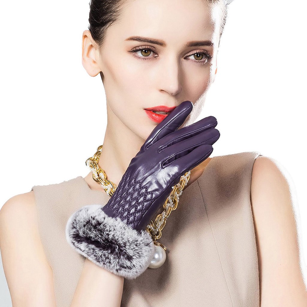 Women's Winter Leather Gloves with Rex Rabbit Fur Cuff - Warm Touchscreen Gloves for Cold Weather, Driving, and Outdoor Activities