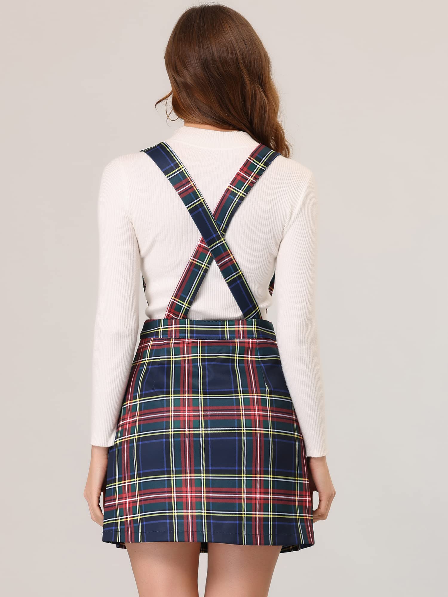 Allegra K Women's Christmas Plaid Overall Dress - V Neck Mini Pinafore Suspender Skirt for Holiday Parties & Festive Outfits