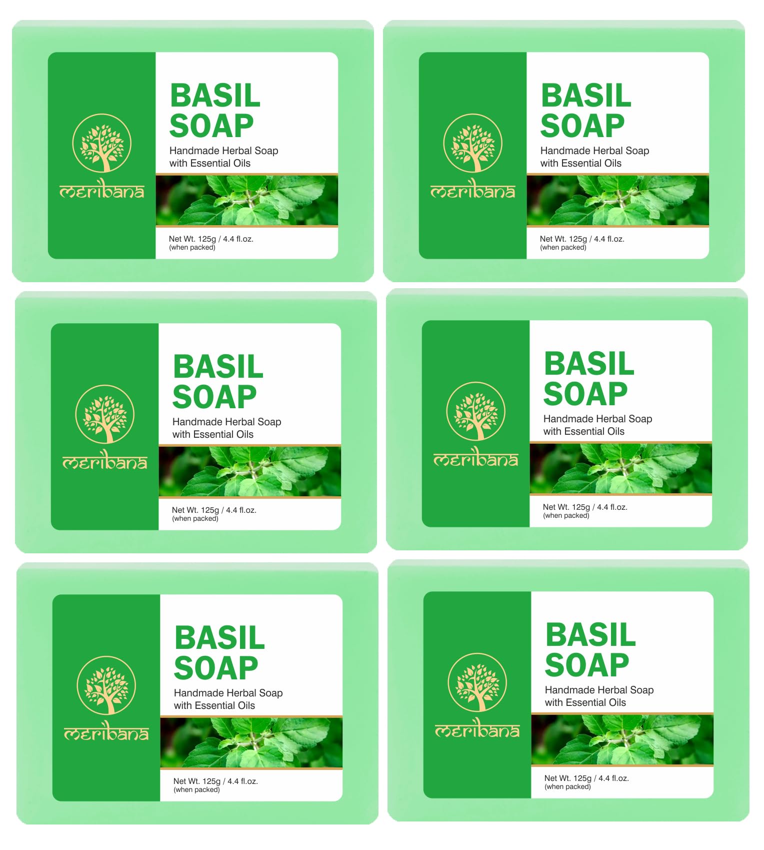 MeriBana Handmade Basil Bath Soap - 6 Pack (125g Each) | Natural & Aromatic for Relaxation, Gift Sets, Spa & Self-Care Routine