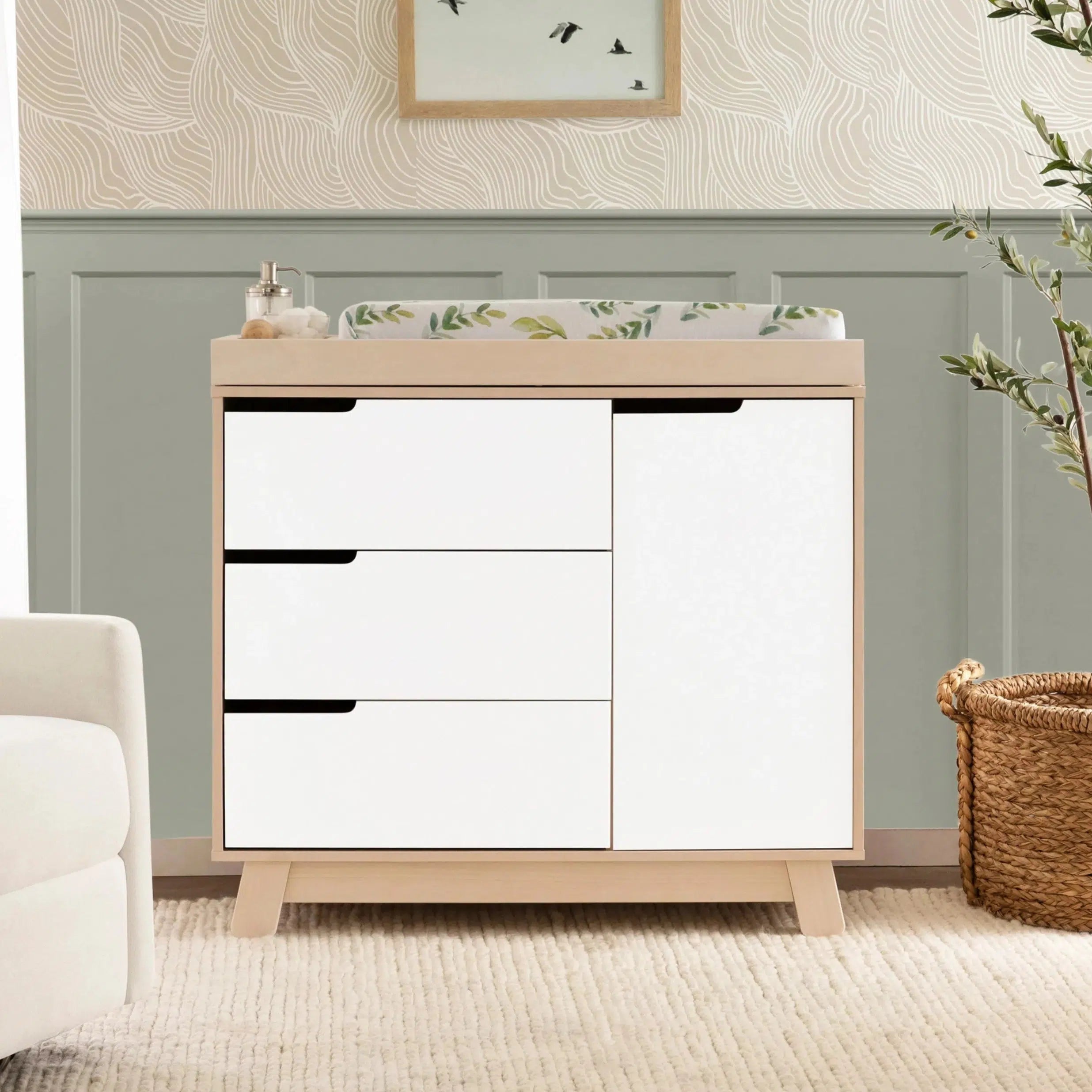Babyletto Hudson Changer Dresser in Washed Natural & White - Nursery Changing Table with Storage for Baby Essentials | Perfect for Modern Nurseries and Diaper Changing Stations