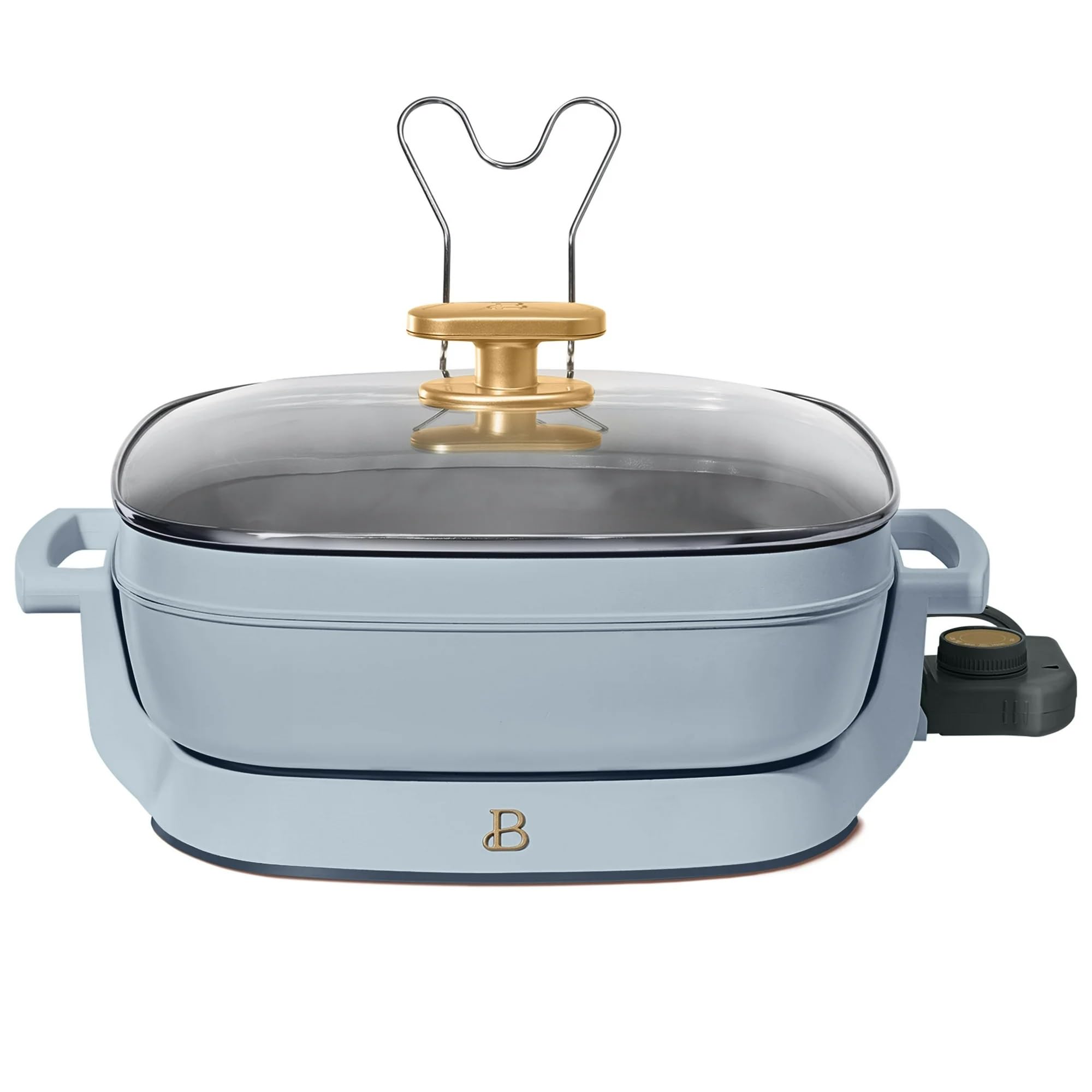 5-in-1 Electric Skillet with Glass Lid - Expandable to 7 Qt, Nonstick Ceramic Cookware Set by Drew Barrymore (Cornflower Blue) - Perfect for Frying, Sautéing, Steaming, Slow Cooking & More in Small Kitchens