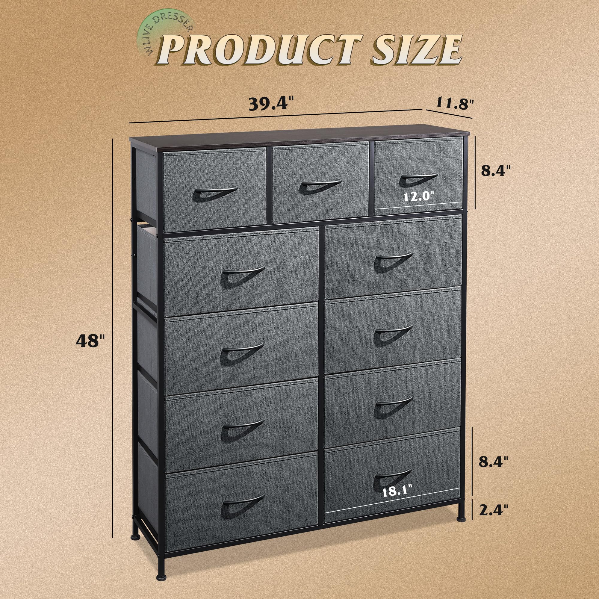 WLIVE 11-Drawer Fabric Dresser Storage Tower with Steel Frame & Wood Top - Tall Dresser Organizer for Bedroom, Closet, Hallway - Perfect for Clothing, Linens & Home Organization