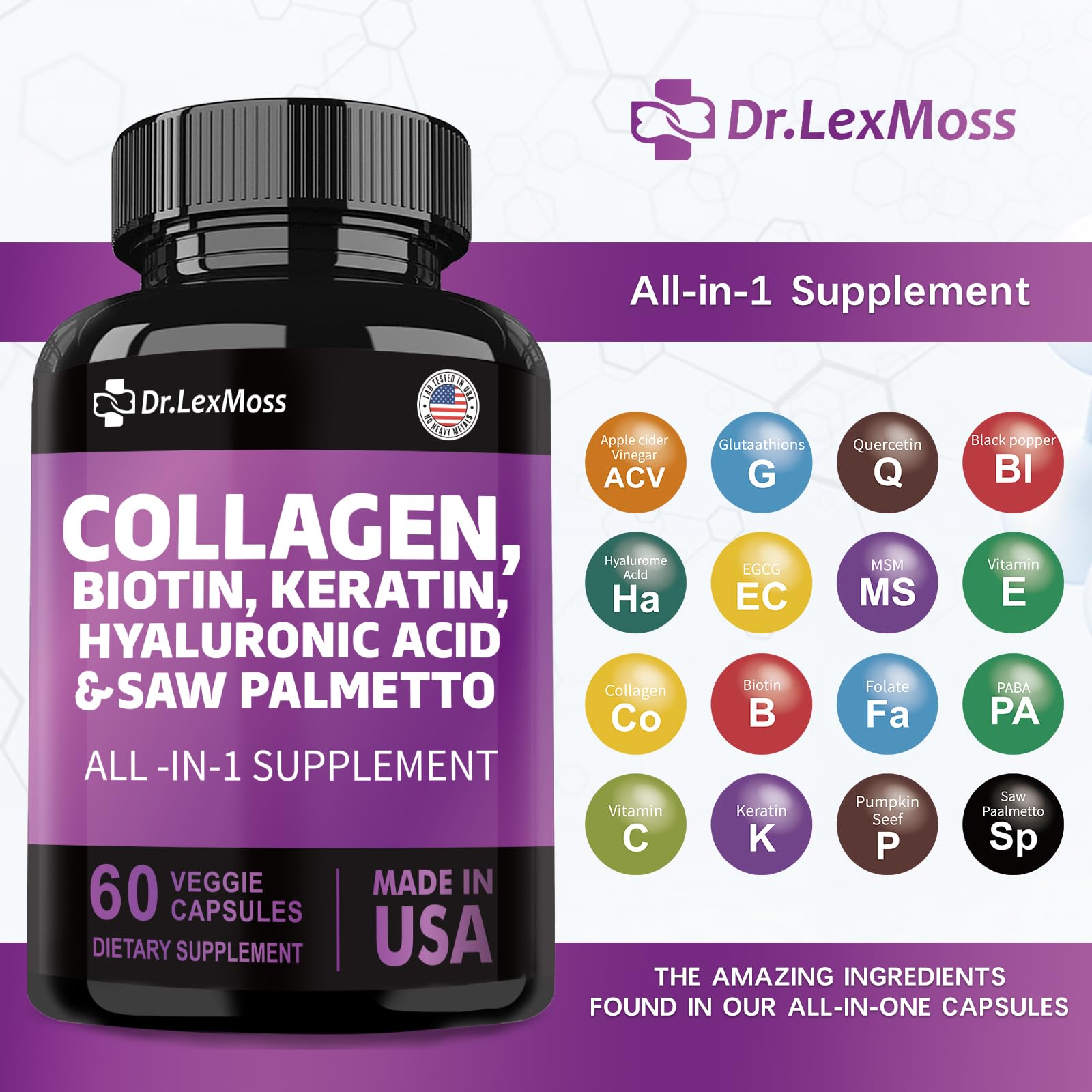 Premium Hair Skin & Nails Supplement with Collagen, Biotin, Keratin & Hyaluronic Acid - Vitamin E, Folic Acid, DHT Blocker & Pumpkin Seed for Men & Women - 60 Capsules for Stronger Hair & Healthier Skin