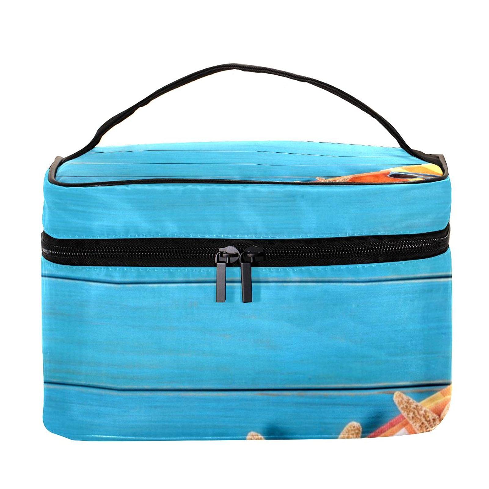Starfish Sunglasses & Blue Wooden Board Travel Makeup Bag - Large Cosmetic Organizer with Zipper for Women & Girls | Perfect for Beach Vacations, Travel & Daily Makeup Storage