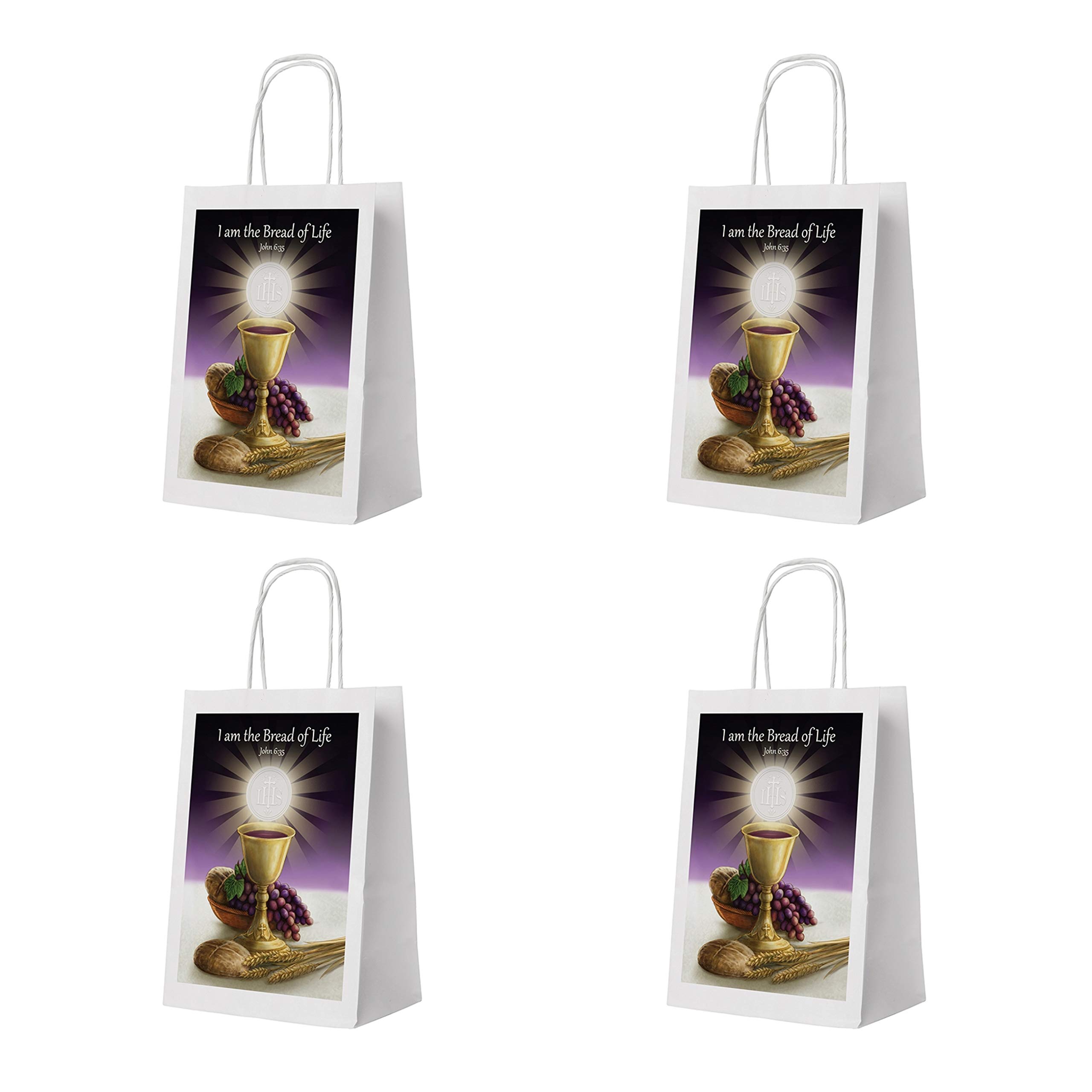 Christian Gift Bags - Bread of Life Thank You Favors for Sponsors & Godparents - Communion Gift Wrapping - 9 Inch Pack of 4 - Perfect for Baptisms, Christenings & Church Events