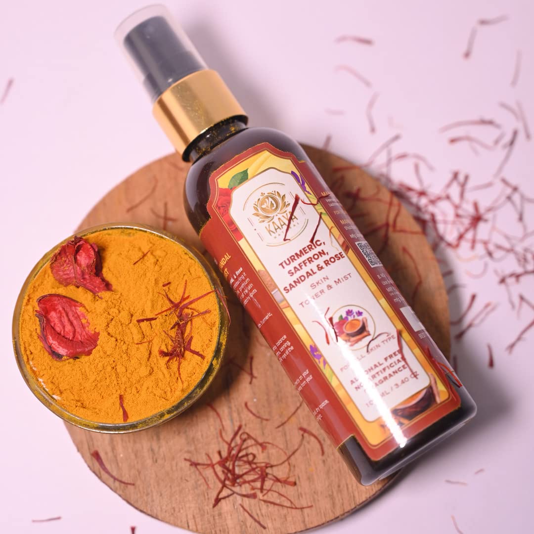 Kaaya Natural Turmeric, Saffron, Sandalwood & Rose Facial Toner Mist - Brightening Face Toner for Glowing Skin, Reduces Scars & Breakouts - 100ml | Hydrating & Refreshing Skin Care for Daily Use, Travel & Post-Workout